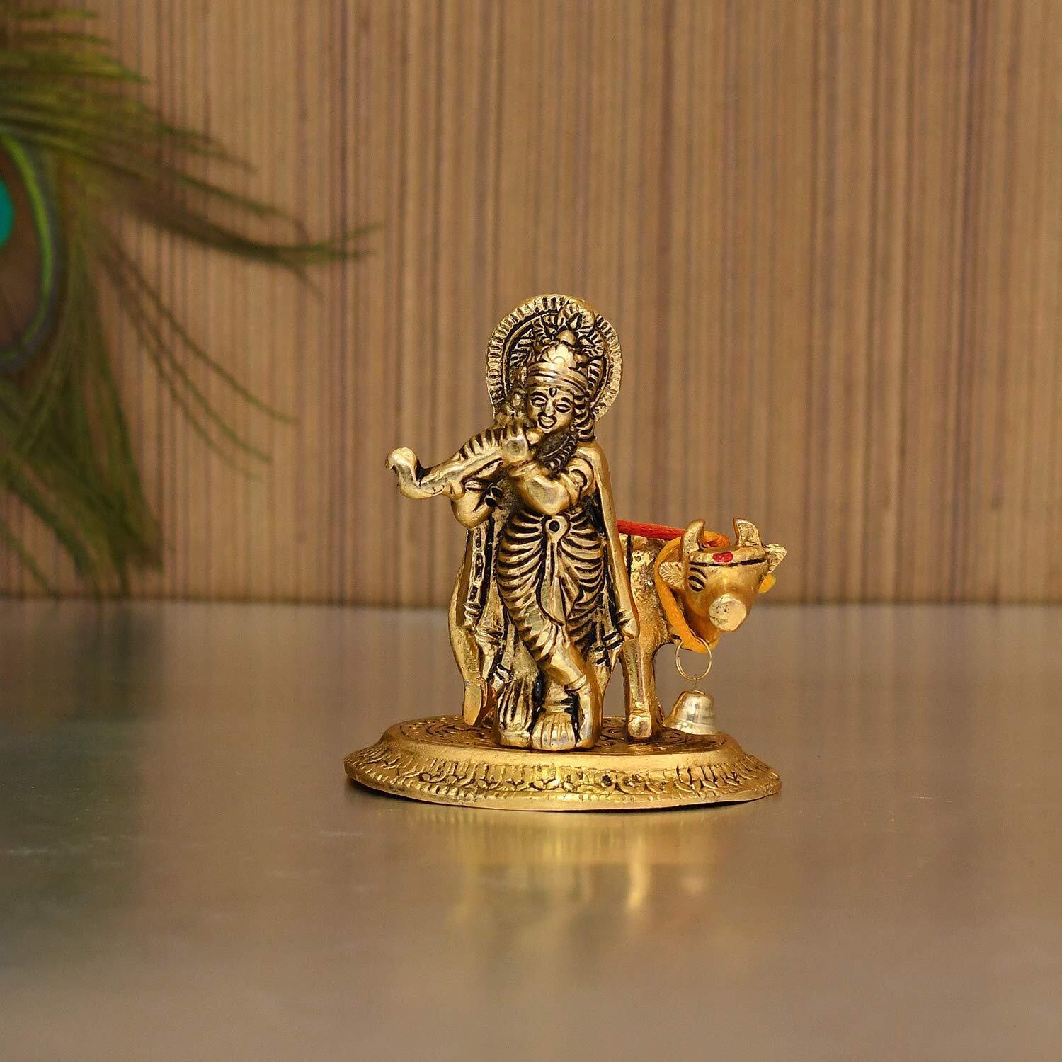 Krishna Idol Statue Murti With Kamdhenu Hindu God Religious Showpiece Set of 1