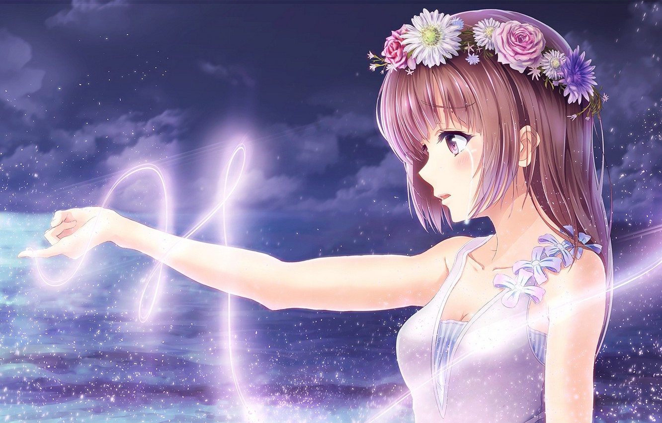 Wallpaper the sky, girl, clouds, flowers, night, magic, anime, tears, art, wreath, alc image for desktop, section сёдзё