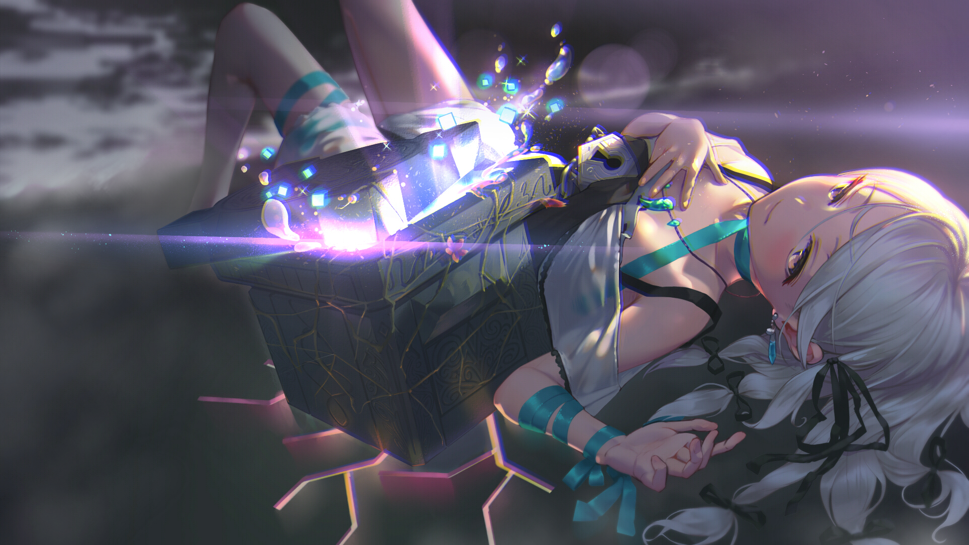 Wallpaper, anime girls, magic, magical girls, cube, white hair, necklace, lock, Gesoking 1920x1080