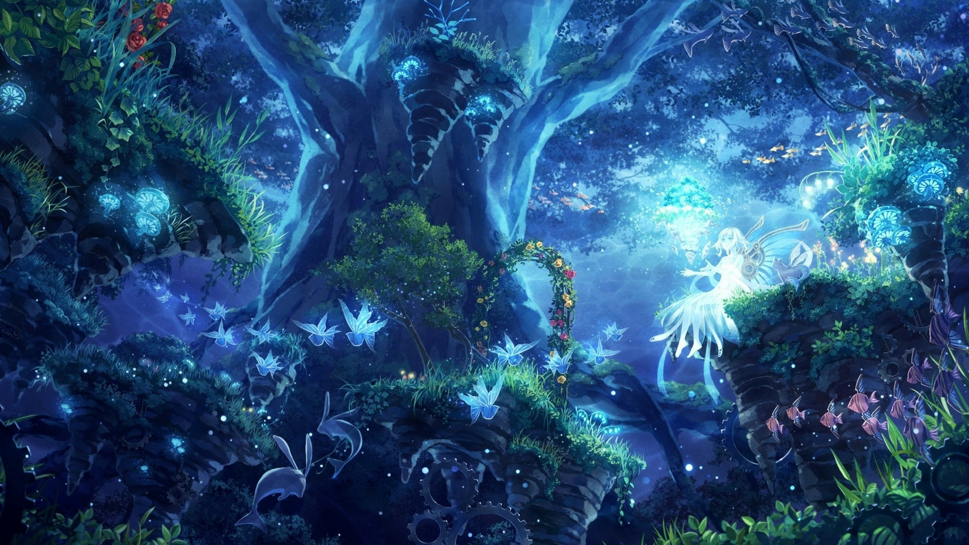 Wallpaper, anime girls, magic 1920x1080