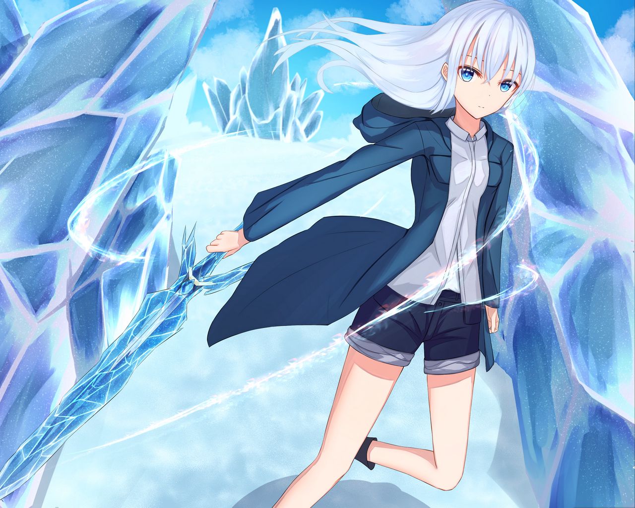 Download wallpaper 1280x1024 girl, ice, magic, anime, art, blue standard 5:4 HD background