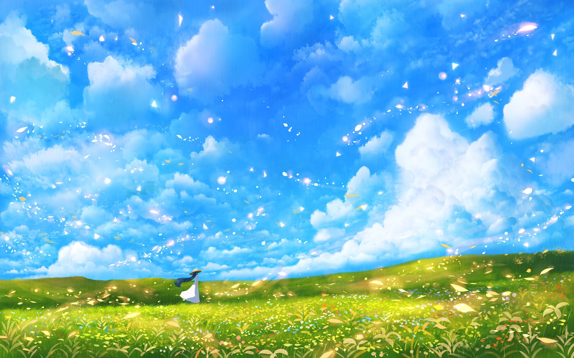 HD desktop wallpaper: Anime, Sky, Cloud, Meadow, Hat, Petal, Dress, Original, Scenic, Long Hair download free picture