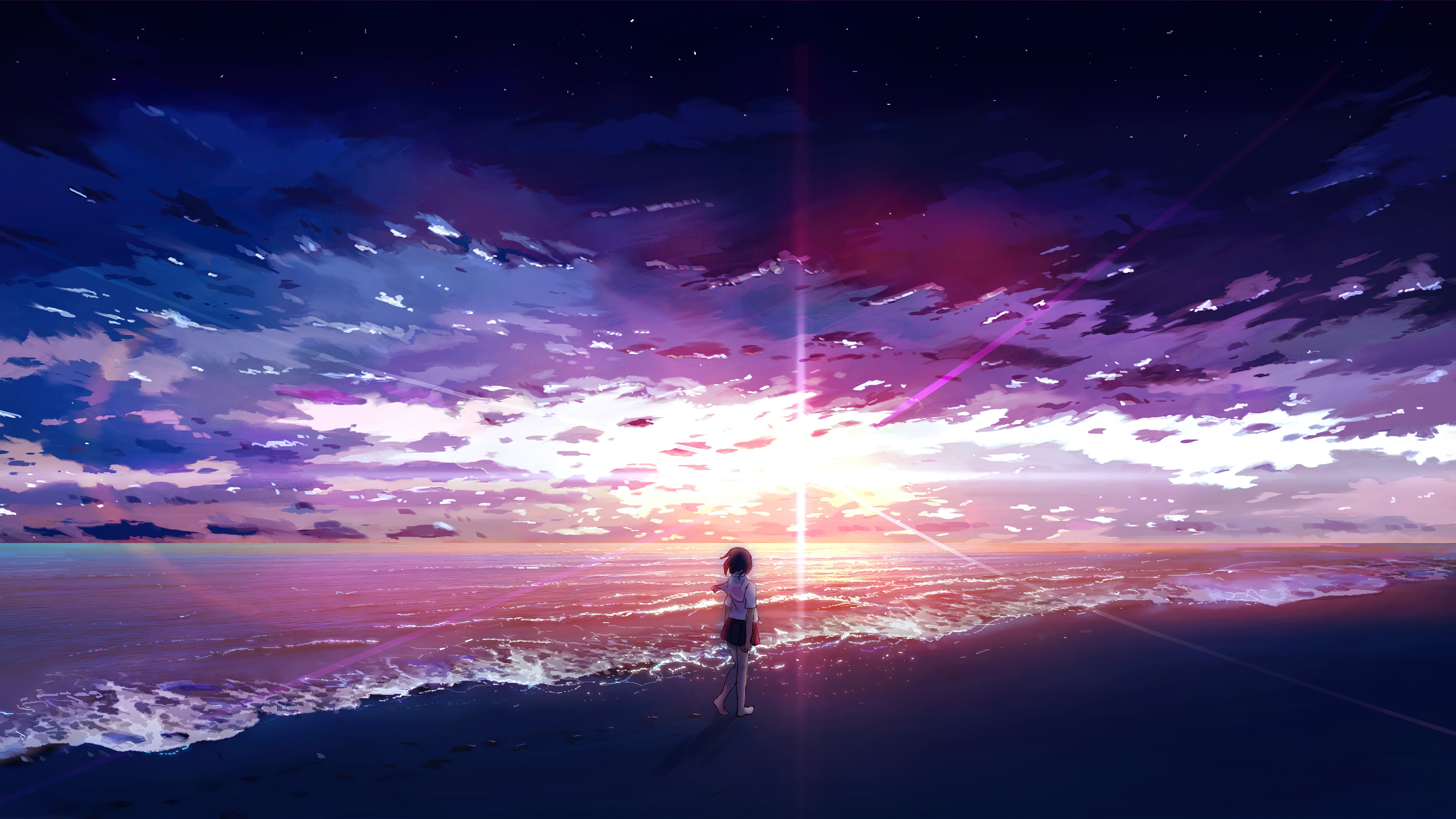 beach, waves, sunrise, anime, scenery, 4k Gallery HD Wallpaper