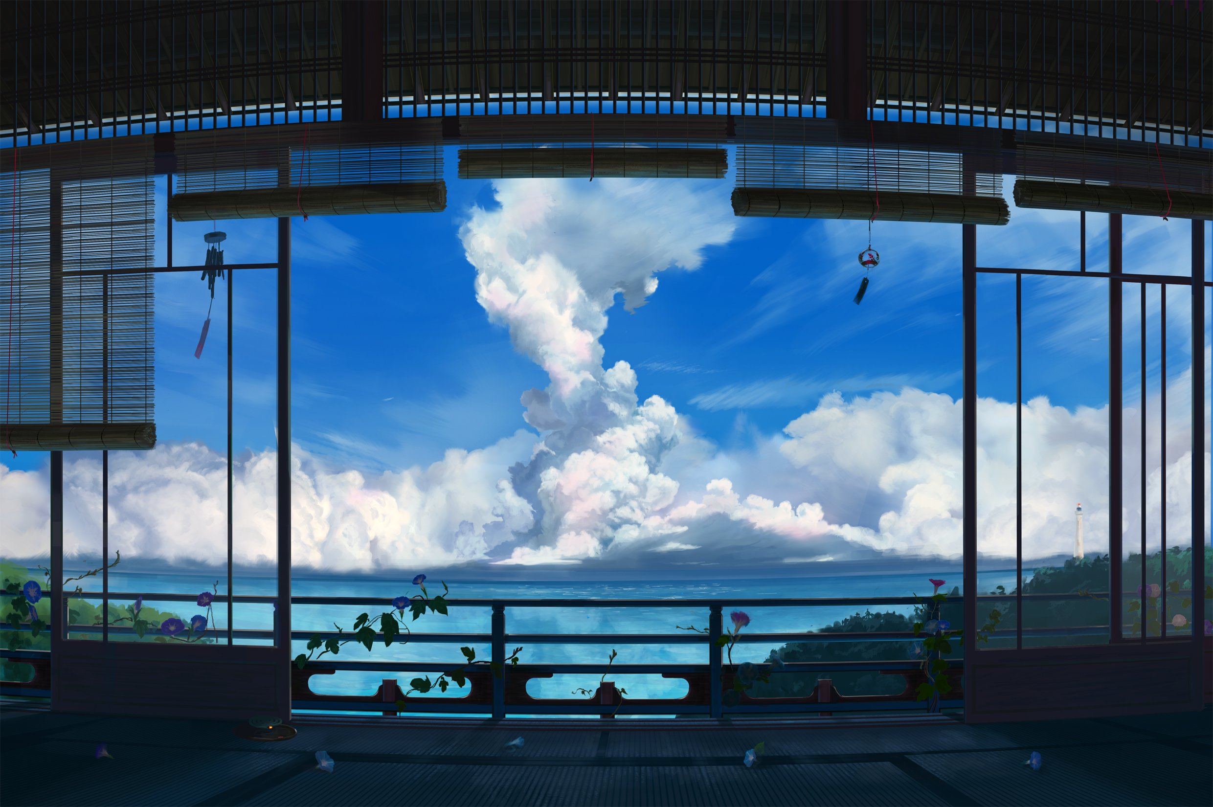 Wallpaper, window, sunset, architecture, anime, nature, reflection, sky, artwork, clouds, blue, evening, stadium, light, color, cloud, shape, urban area 2480x1650