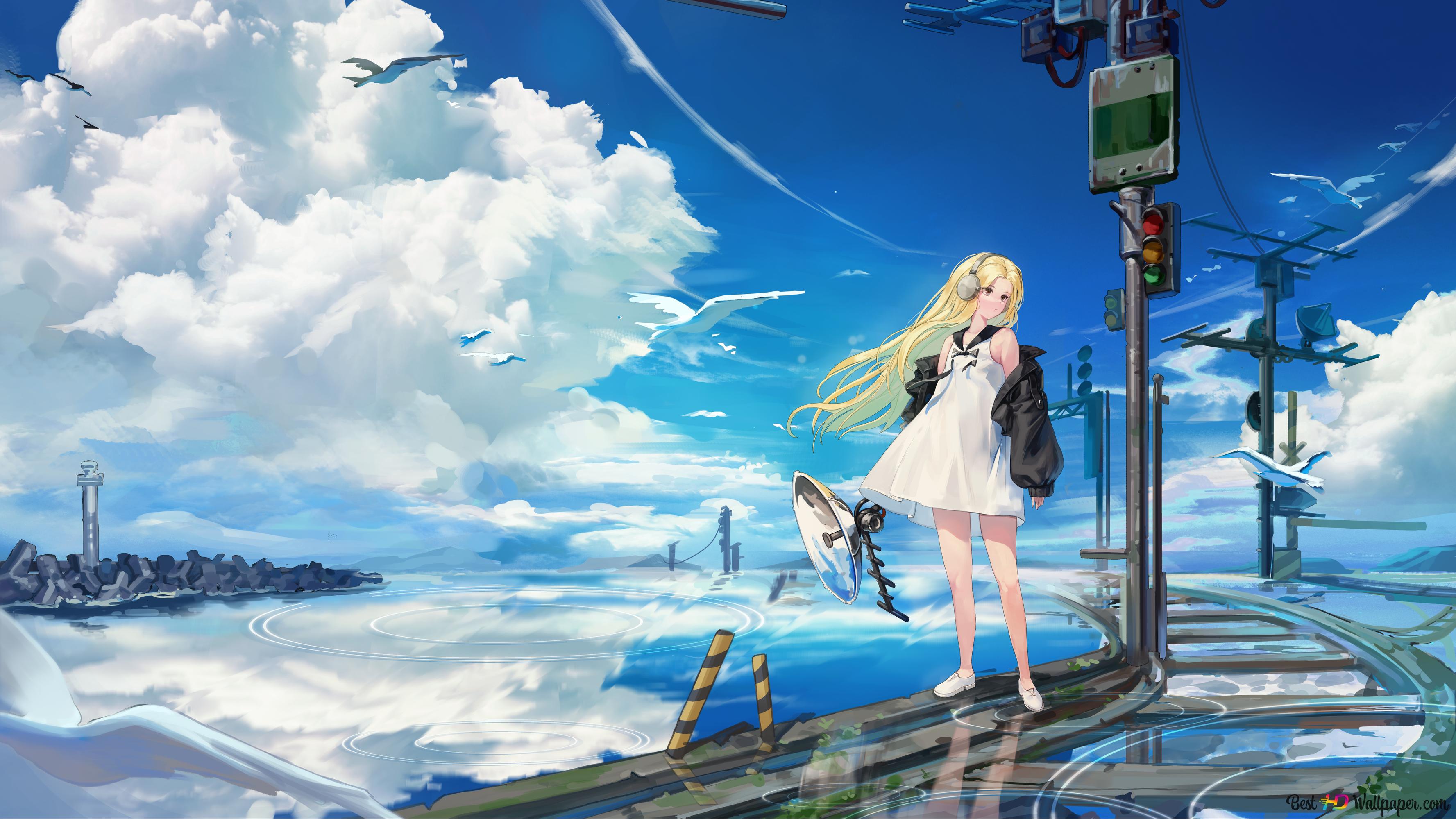 Beautiful anime girl in blonde white dress posing neartrain tracks and traffic lights under cloudy sky 6K wallpaper download