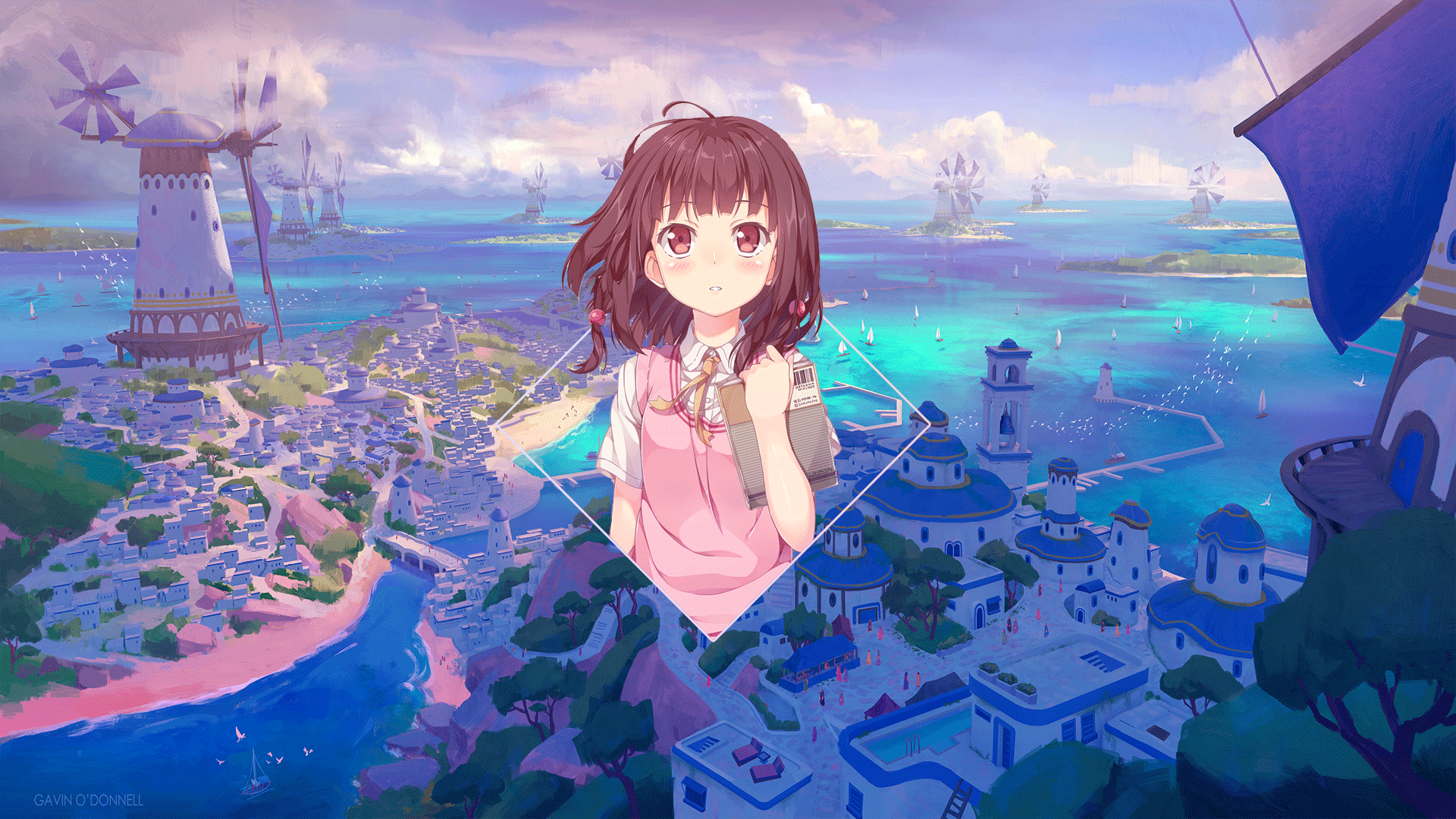Anime, School Uniform, Landscape, Sea, City, Photohop, Digital Art, Anime Girls, Blue Blouse, Picture In Picture Gallery HD Wallpaper