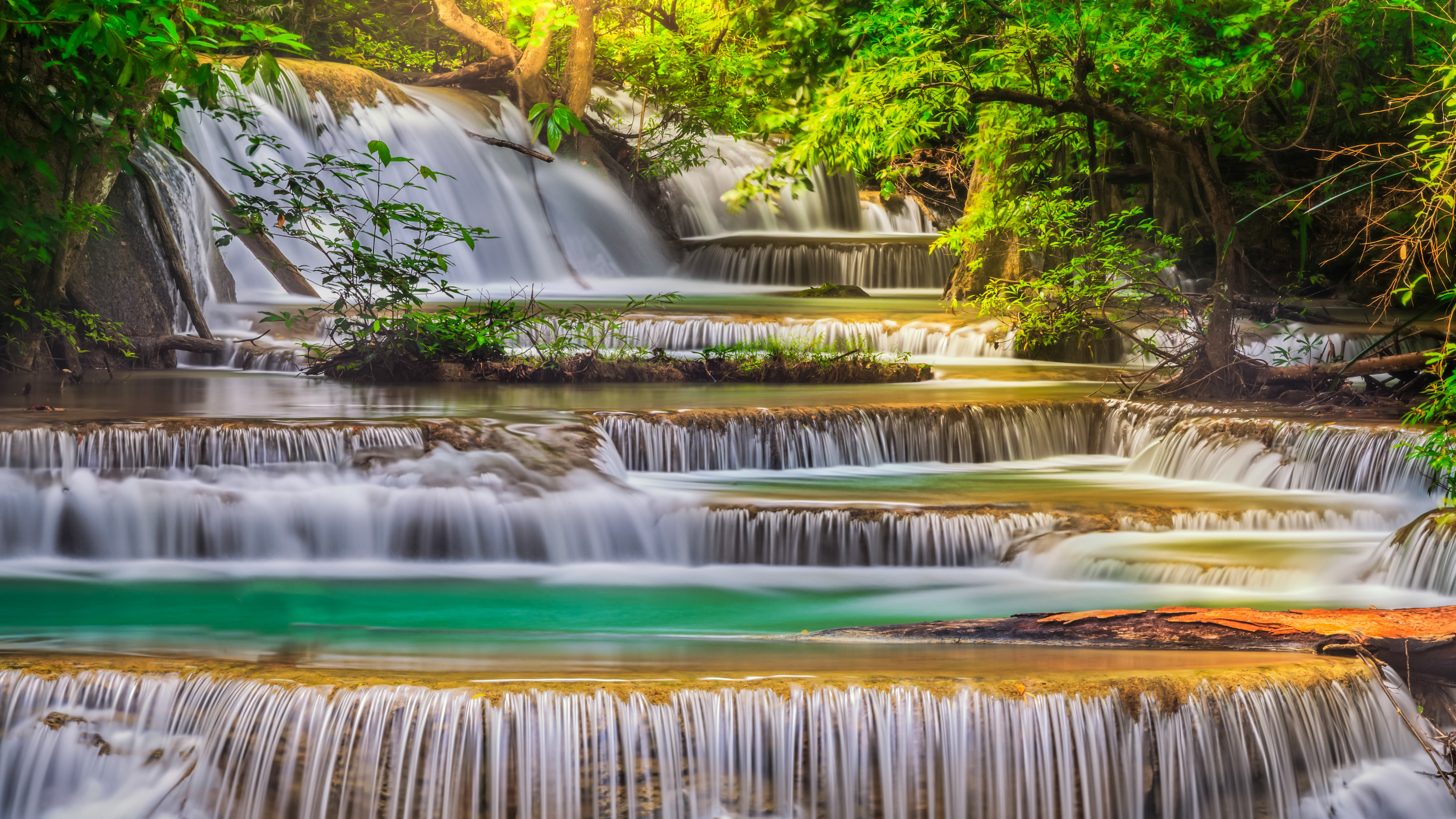 Erawan Falls Wallpaper 4K, Waterfall, Forest, Nature