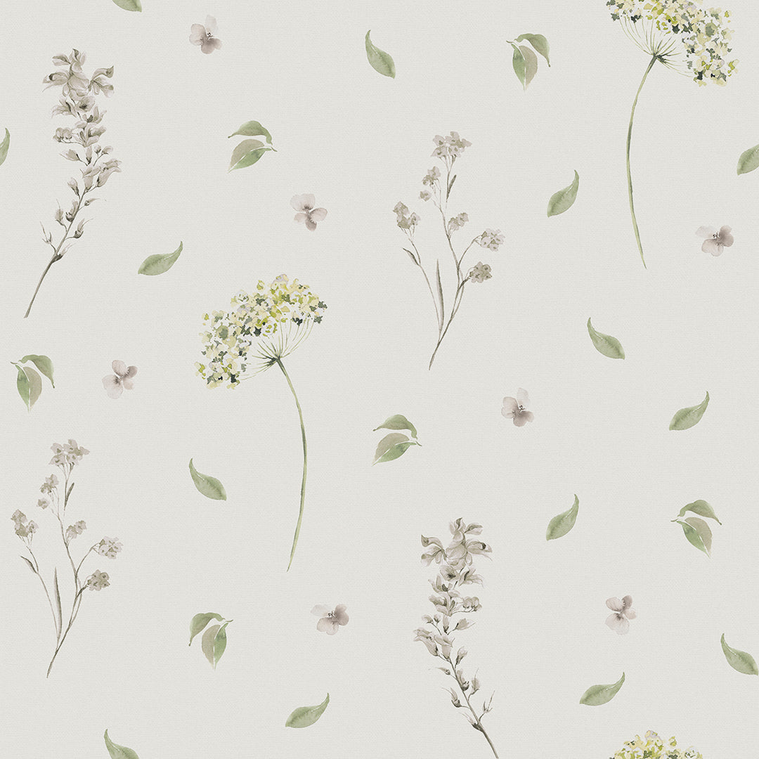 Sweet Meadow Wallpaper in Sage Green on Linen Cream