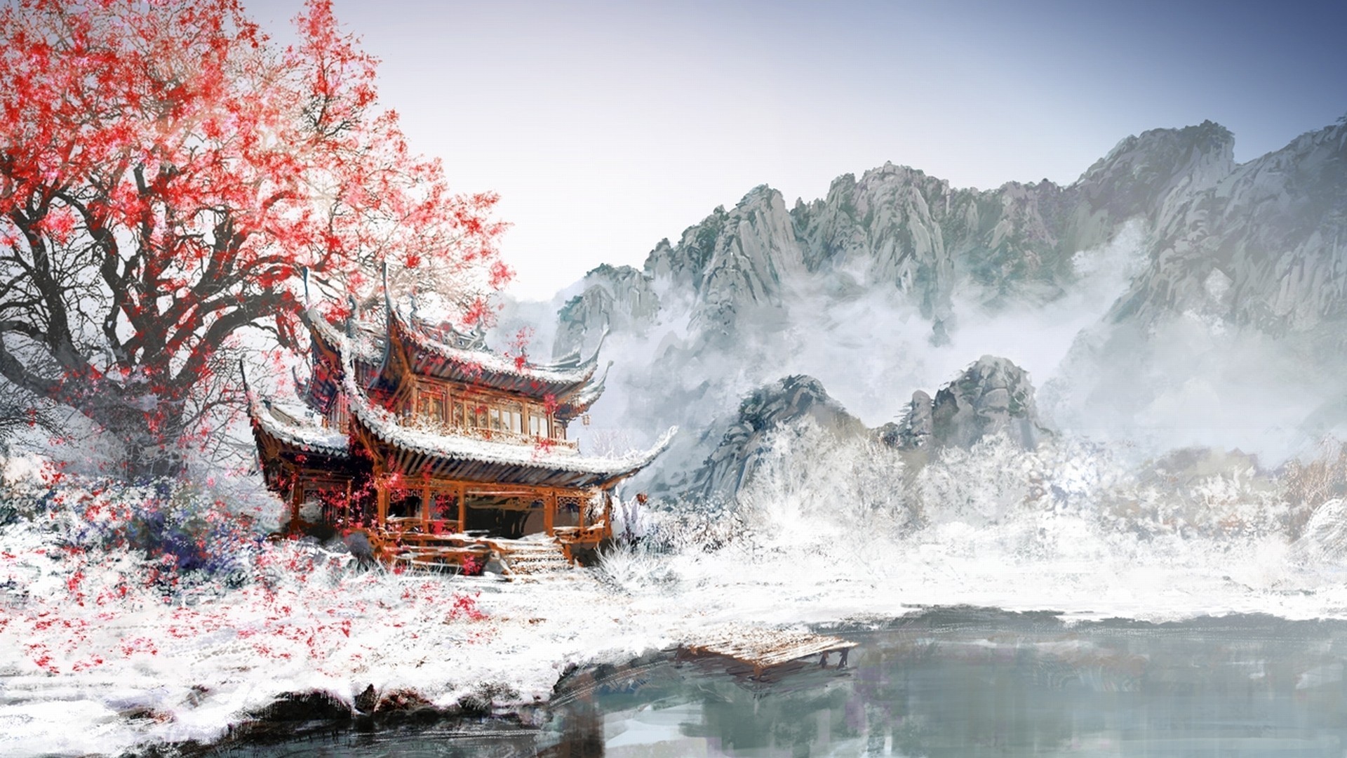 painting, Japan, Winter, White, Snow, Mountain, Cherry Blossom Wallpaper HD / Desktop and Mobile Background