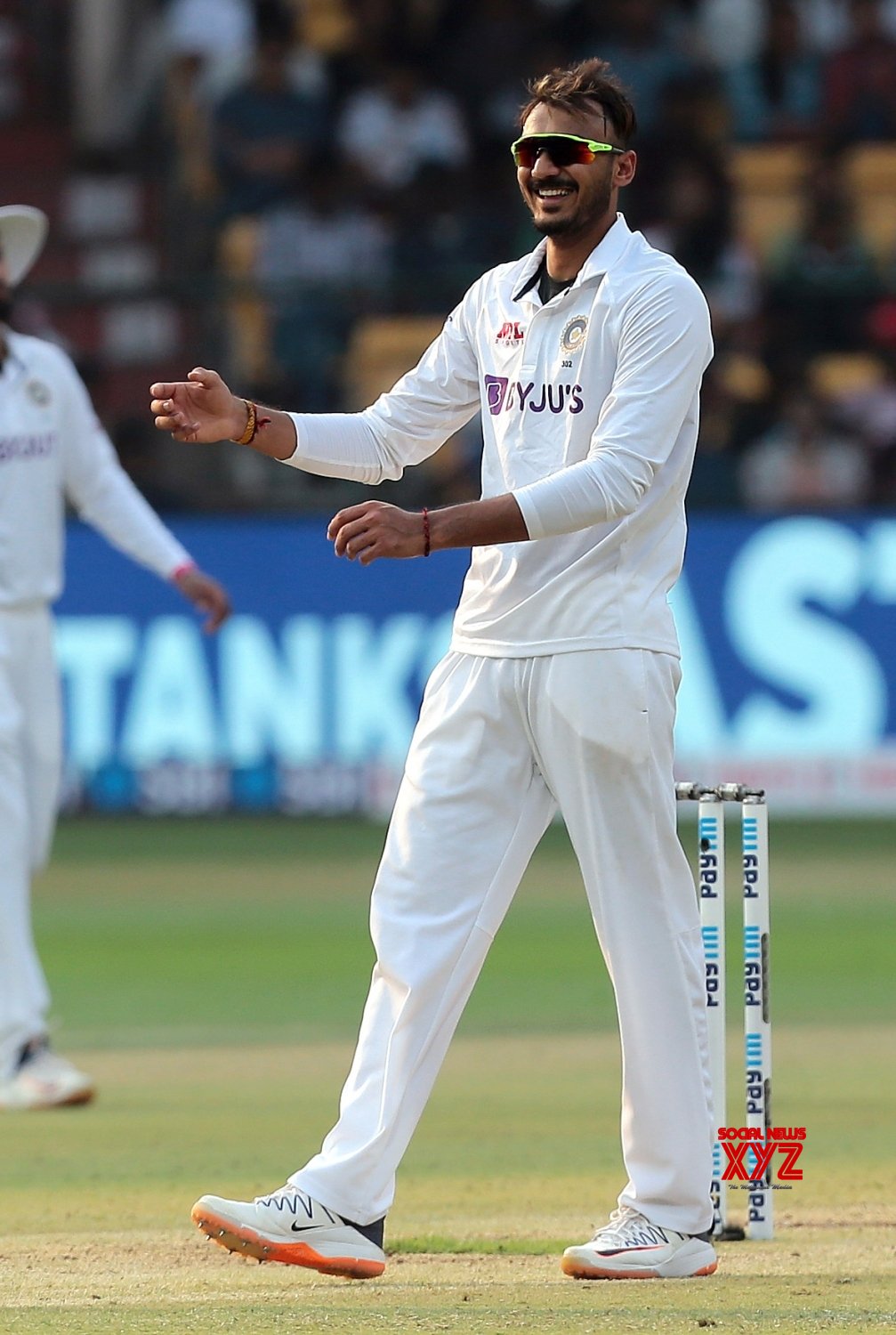 Bengaluru:India's Axar Patel, celebrates after the dismissal of Sri Lanka's Charith Asalanka. #Gallery News XYZ