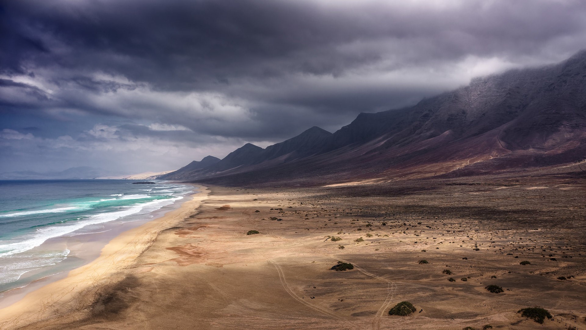Wallpaper / nature, landscape, sky, sea, sand, clouds, shore, mountains, Canary Islands, Fuerteventura, Spain free download