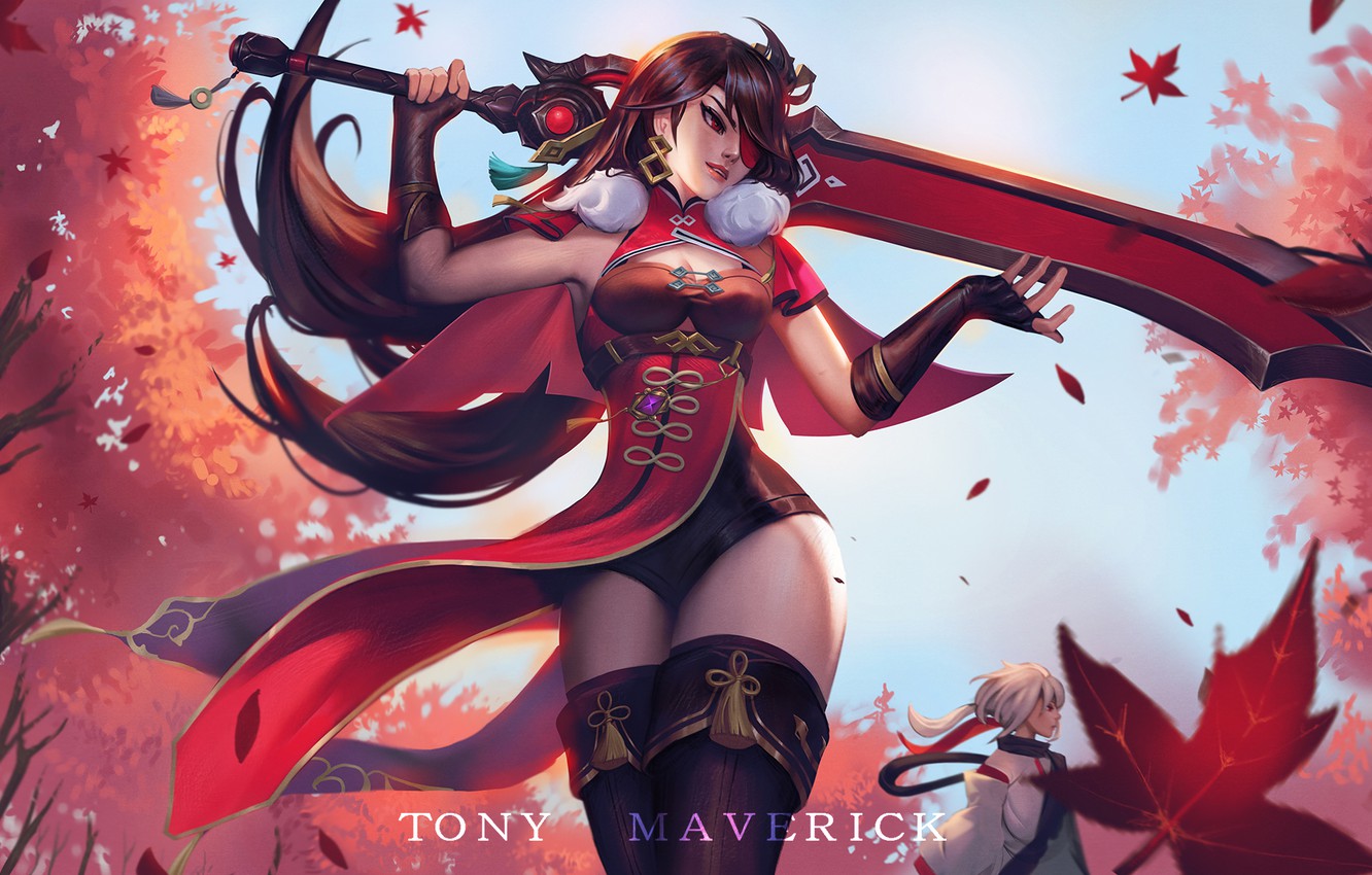 Wallpaper autumn, girl, sword, guy, Genshin Impact, Kaedehara Kazuha, Beidou, by Tony Maverick image for desktop, section игры