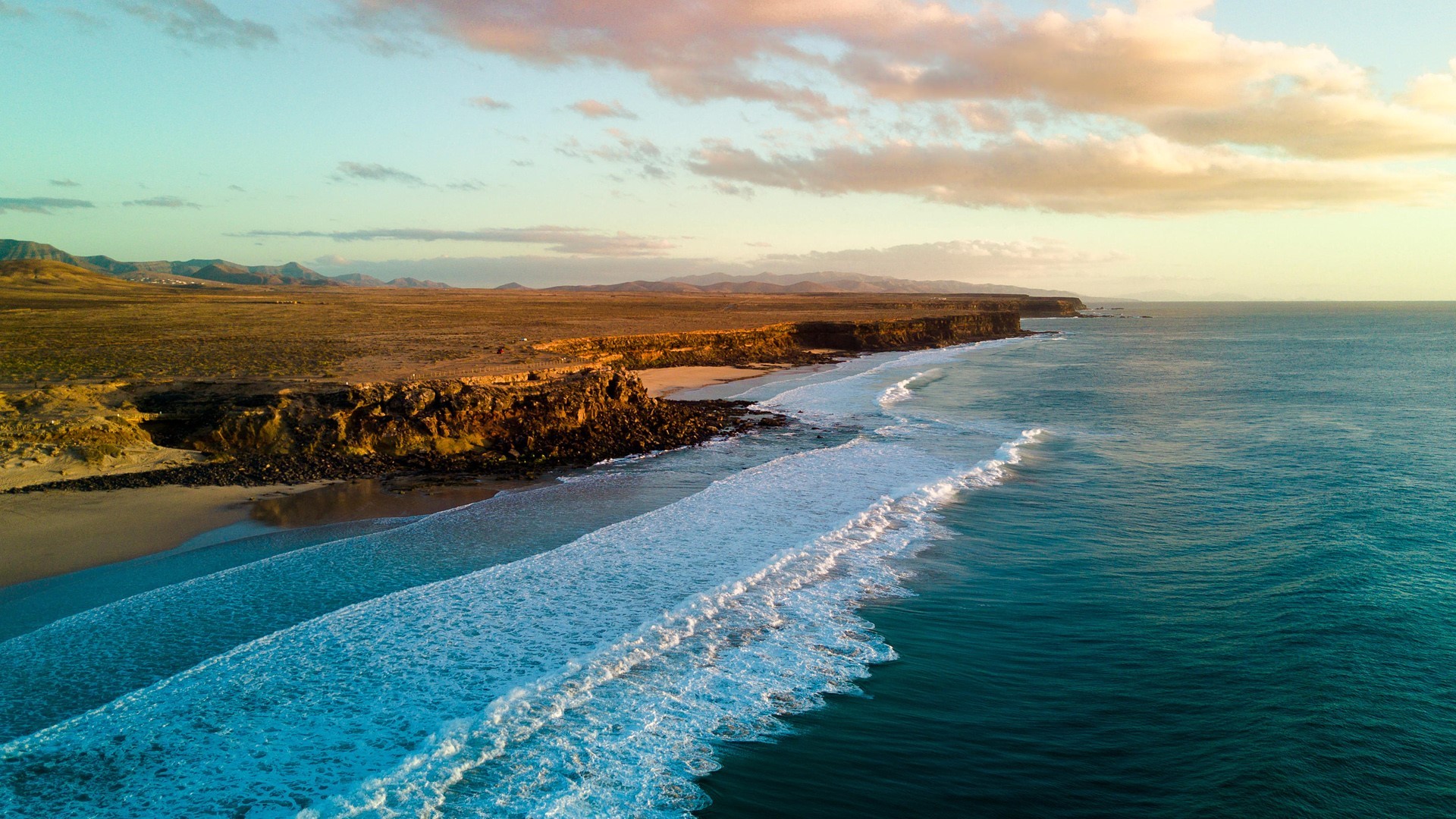 Wallpaper / aerial view, drone photo, clouds, horizon, mountains, landscape, nature, waves, Canary Islands, Spain, atlantic ocean free download