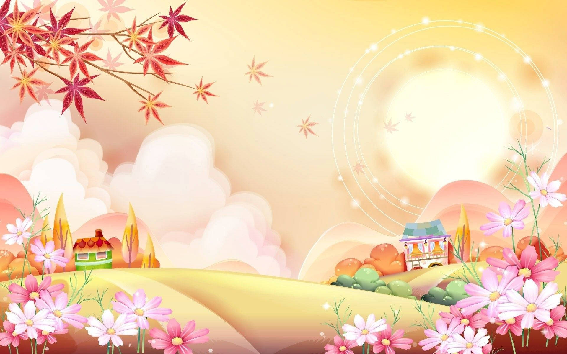 Download Cartoon Houses On Hills Wallpaper