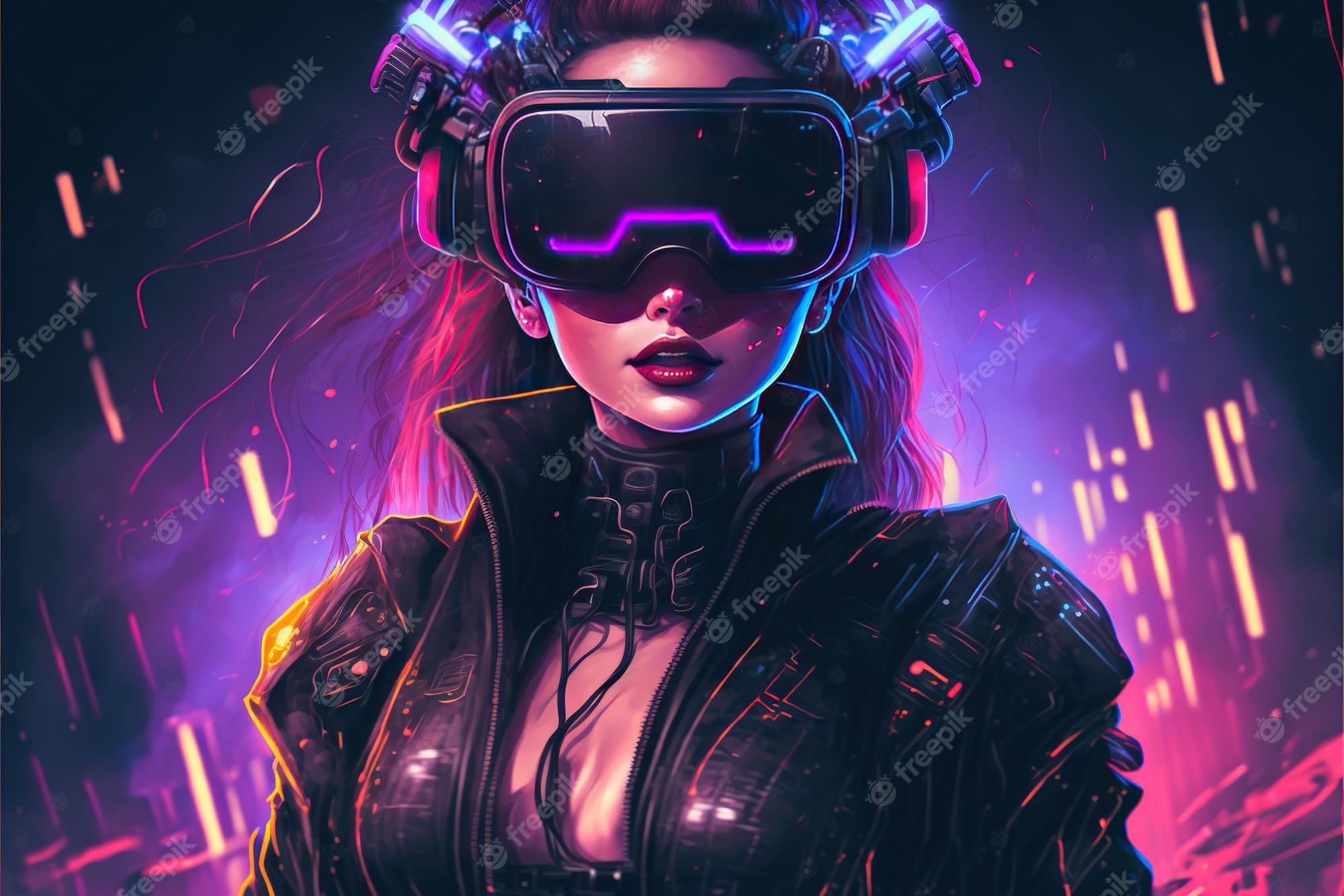 Premium Photo. Cyberpunk woman portrait with vr headset in high quality avatar wallpaper high resolution neon fururistic cyber implants technology universe light city technology addiction ai
