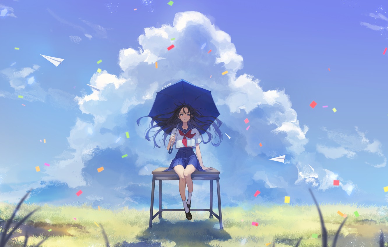 Wallpaper schoolgirl, weed, Parta, vacation, blue sky, paper airplane, under the umbrella, summer day, sky with clouds, by Yurang image for desktop, section арт