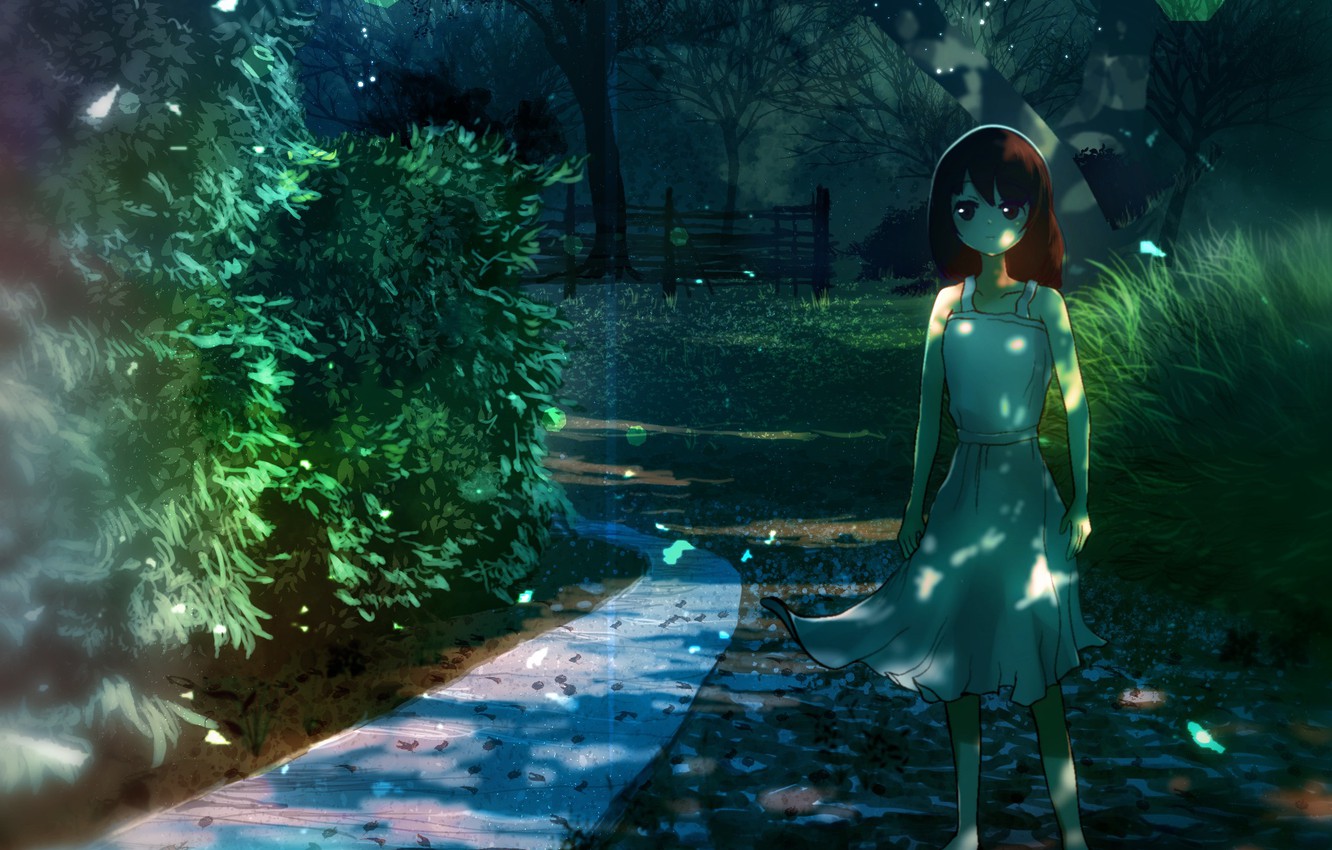 Wallpaper girl, red hair, vacation, path, on the road, white sundress, the leaves on the trees, summer day, light and shadow, green grass image for desktop, section арт