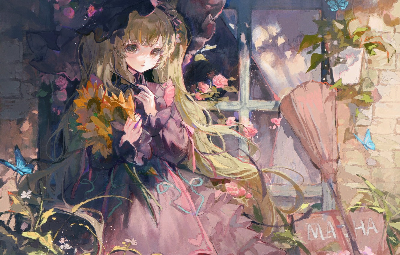 Wallpaper butterfly, sunflowers, girl, broom, window, big eyes, cute, pink dress, long white hair, summer day, by Matcha image for desktop, section сёдзё