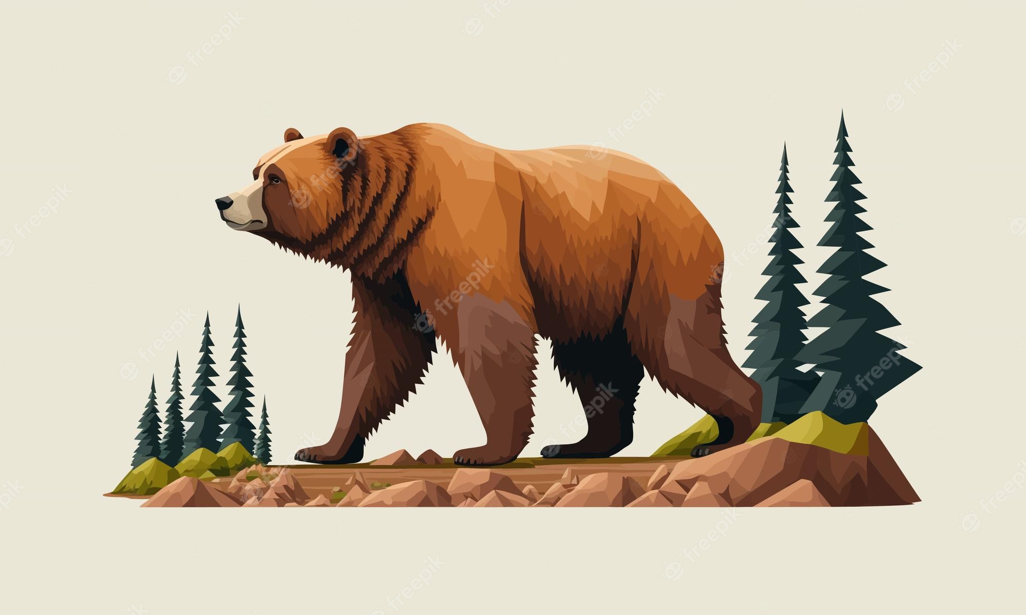 Premium Vector. Bear stylized poster wallpaper brown brown bear minimalism landscape summer pine trees stones grizzly wool abstraction predator nature concept vector illustration