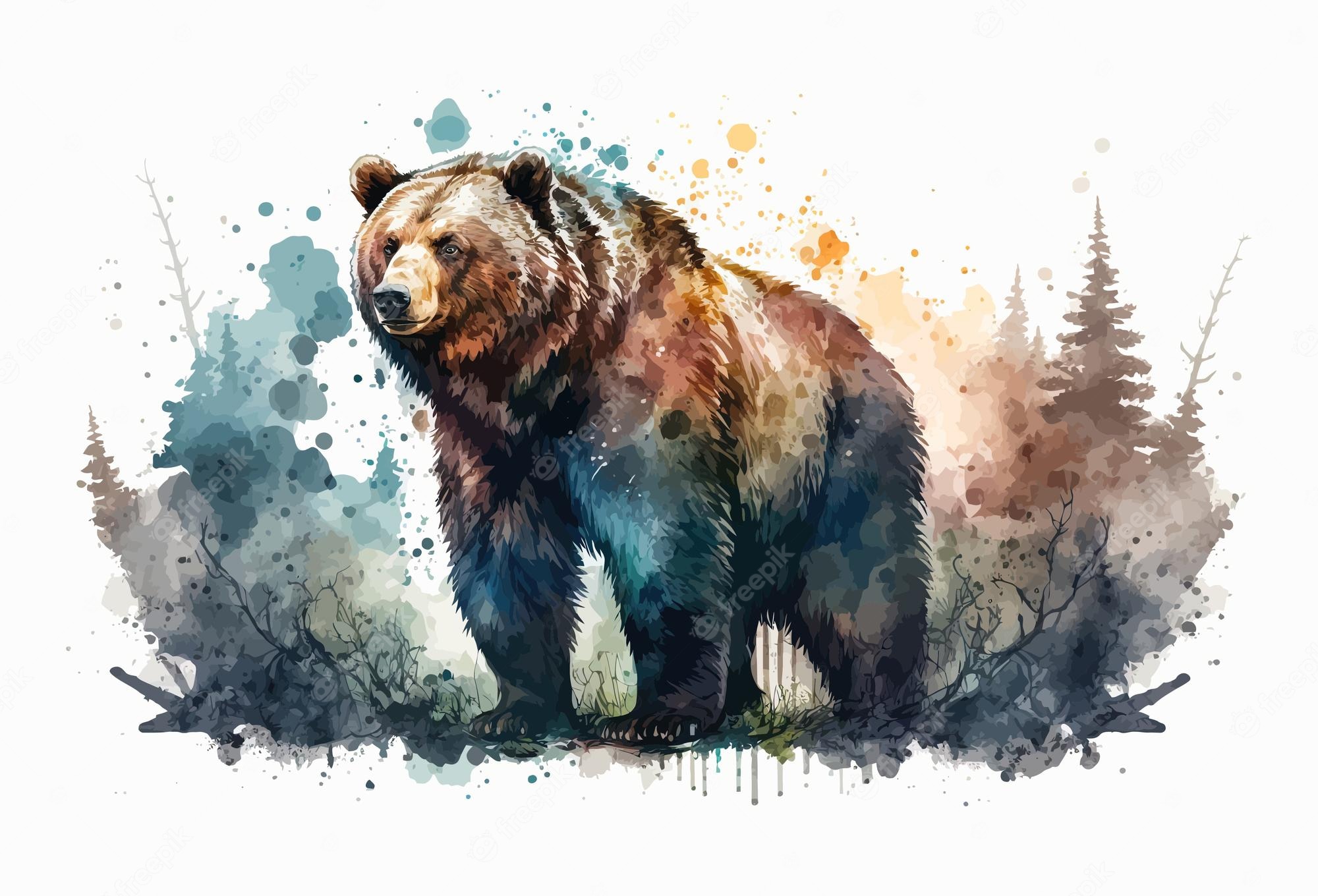 Premium Vector. Watercolor bear painting painting stylized paint wallpaper minimalism brown bear landscape summer stones abstraction pines wool grizzly predator nature concept vector illustration