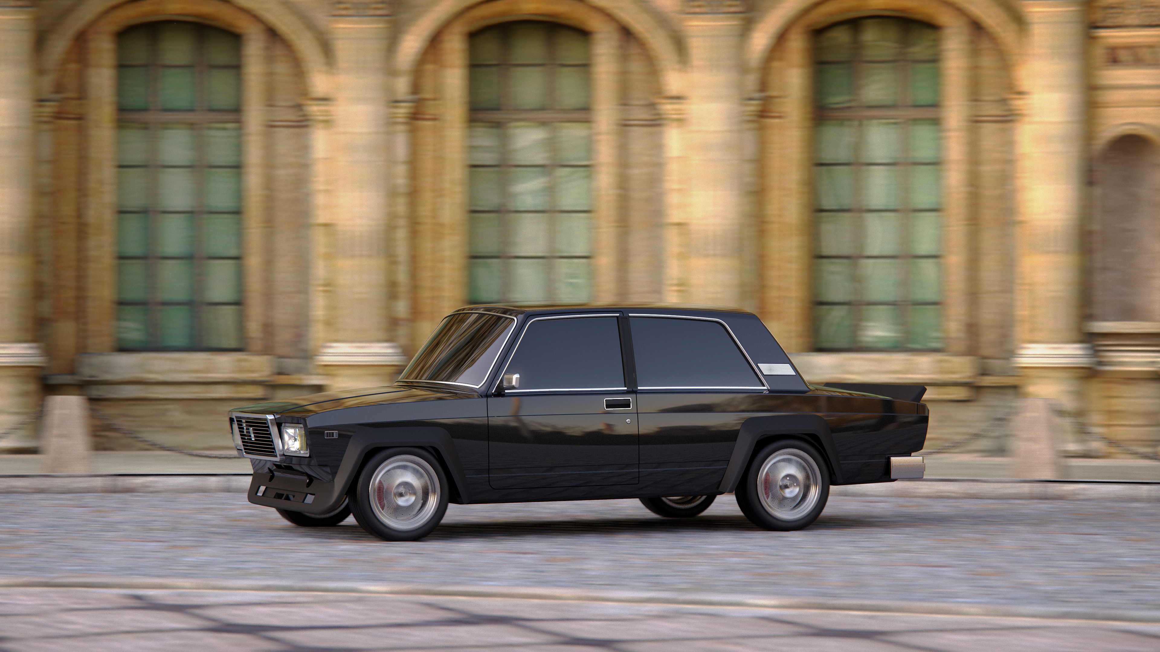 Wallpaper, CGI, digital art, render, rendering, LADA, lada 2107, city, moving car, black, Soviet Union, vehicle 3840x2160