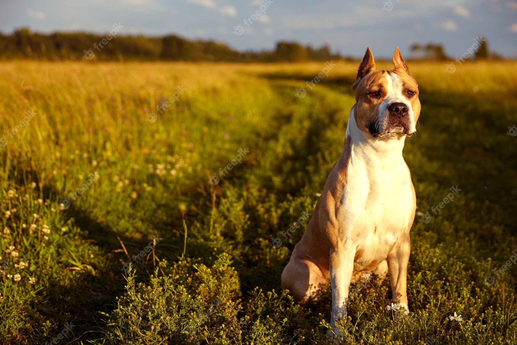 Premium Photo. American staffordshire terrier in nature in summer. high quality photo