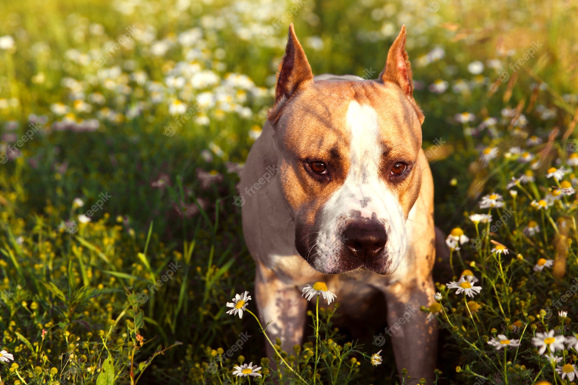 Premium Photo. American staffordshire terrier in nature in summer. high quality photo