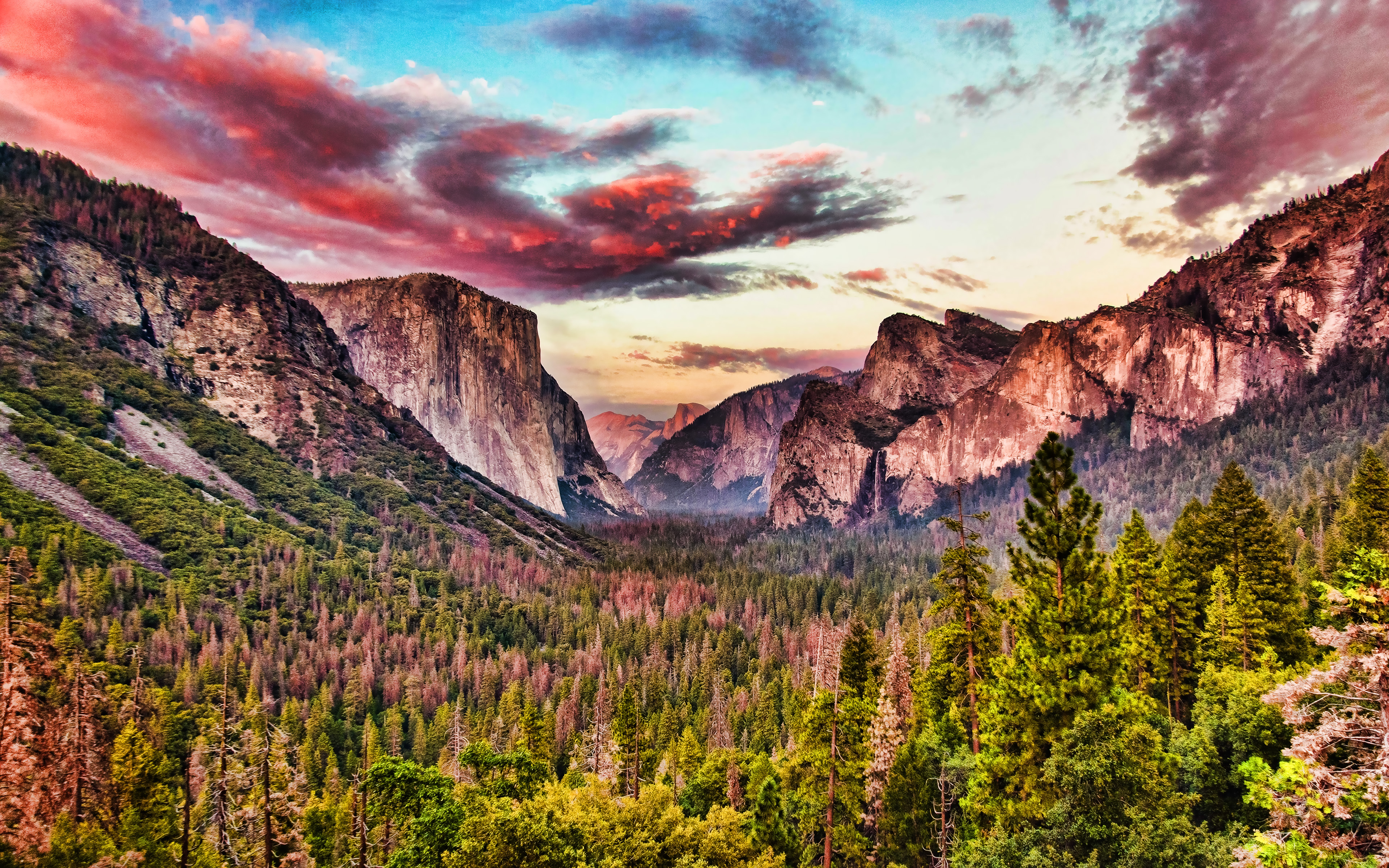 Download wallpaper Yosemite National Park, sunset, mountains, HDR, California, beautiful nature, summer, USA, America, american landmarks for desktop with resolution 3840x2400. High Quality HD picture wallpaper