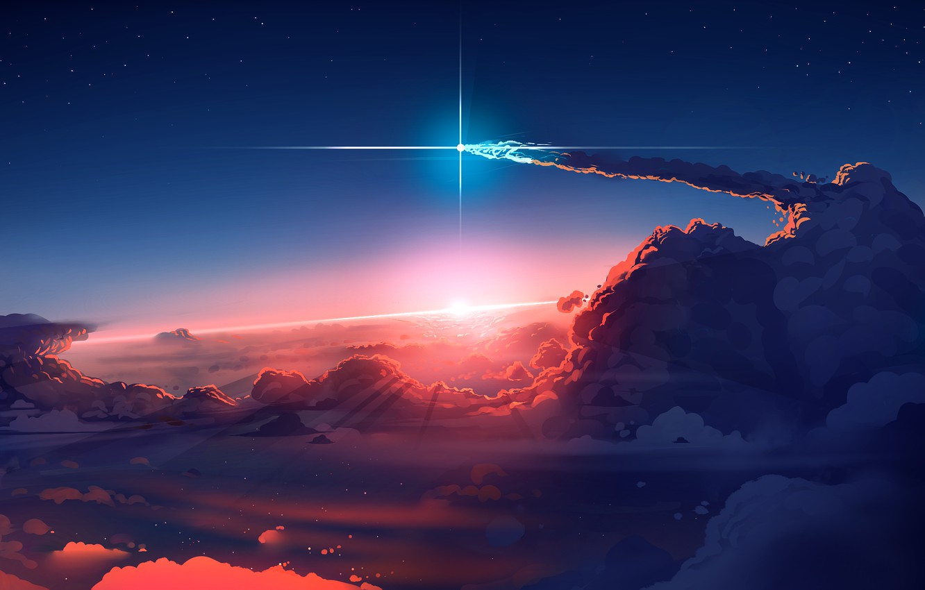 Wallpaper Sky, sunset, art, clouds, stars, sun, digital art, artwork, comet image for desktop, section арт