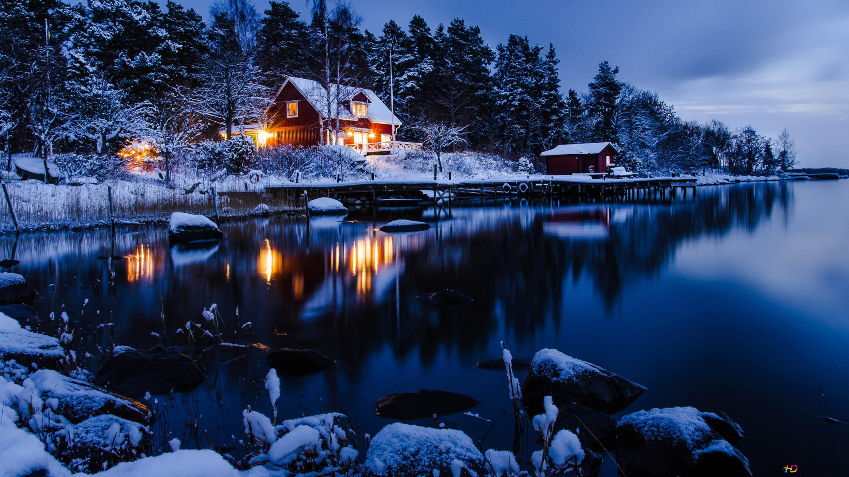 Cozy house on the lake 4K wallpaper download