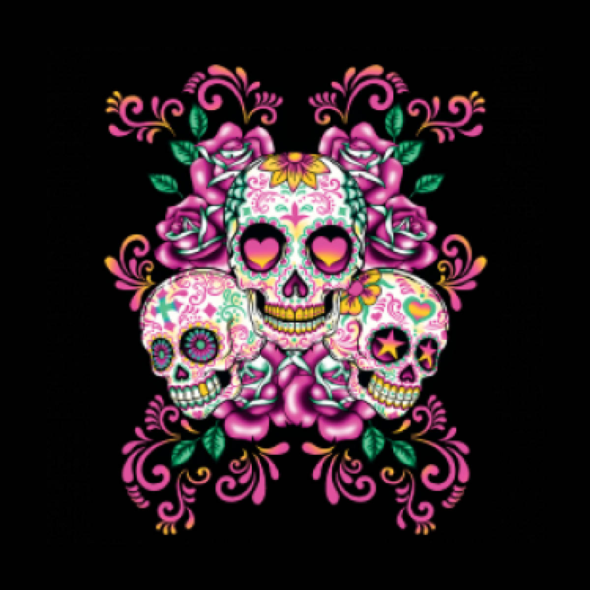 Download Colorful Skulls And Pink Roses Wallpaper