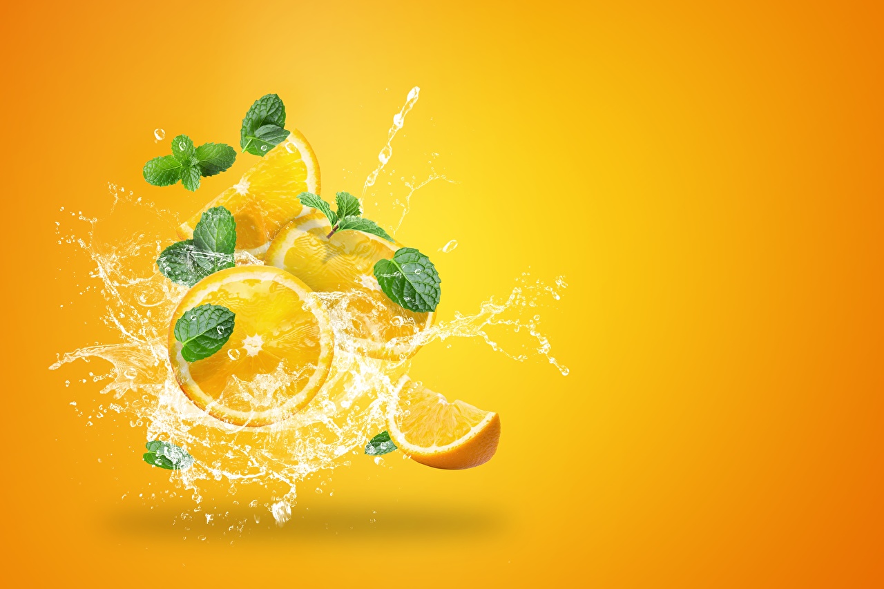 Photos Orange fruit Drops Water splash Food Colored background