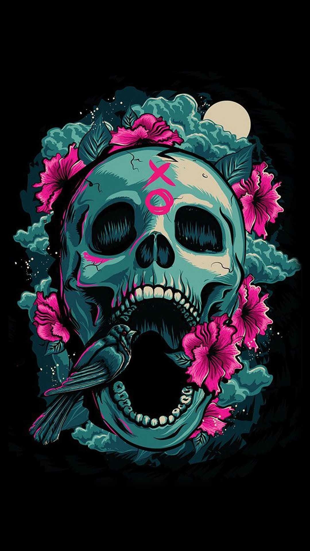 Black Skull with Rose Wallpaper