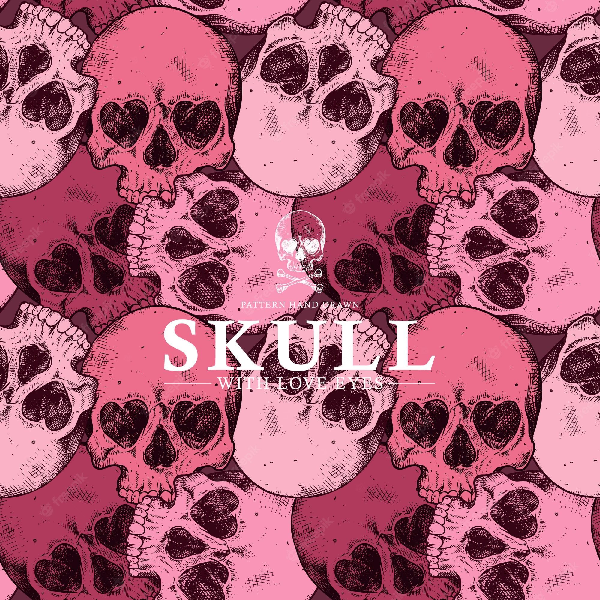 Premium Vector. Hand drawn pink skulls with heart shaped eyes pattern