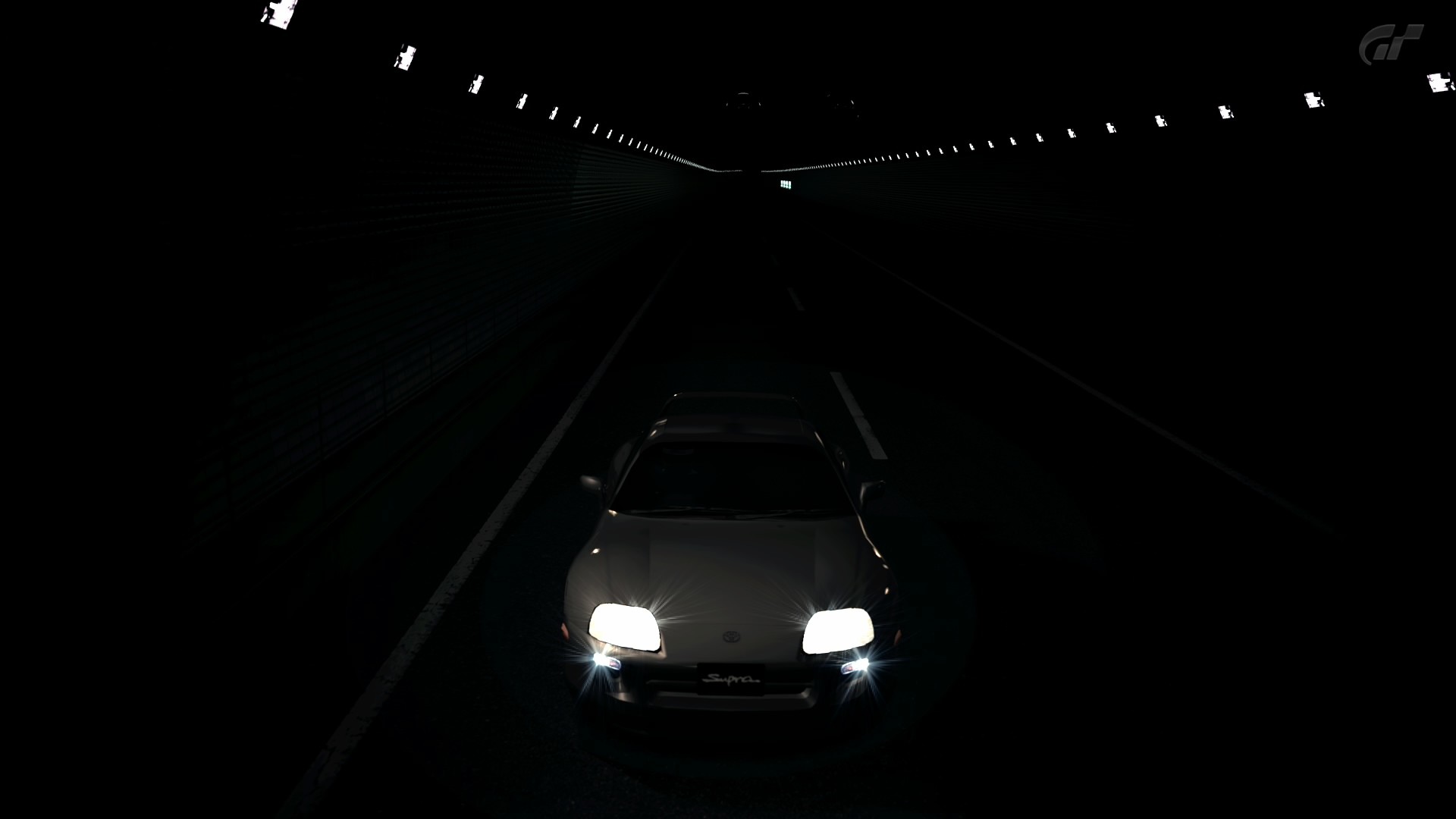 Wallpaper, lights, video games, night, car, vehicle, tunnel, Toyota Supra, Gran Turismo 5, light, darkness, black and white, monochrome photography 1920x1080