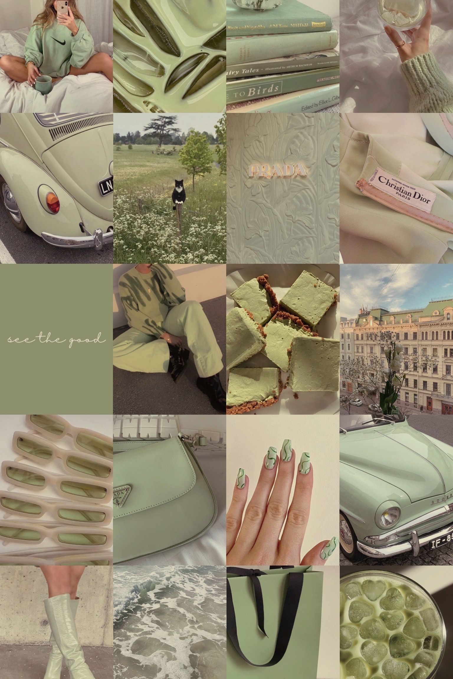 Sage Green Collage Kit Sage Green White Aesthetic Wall. Sage Green Wallpaper, Green Wallpaper, Mint Green Aesthetic
