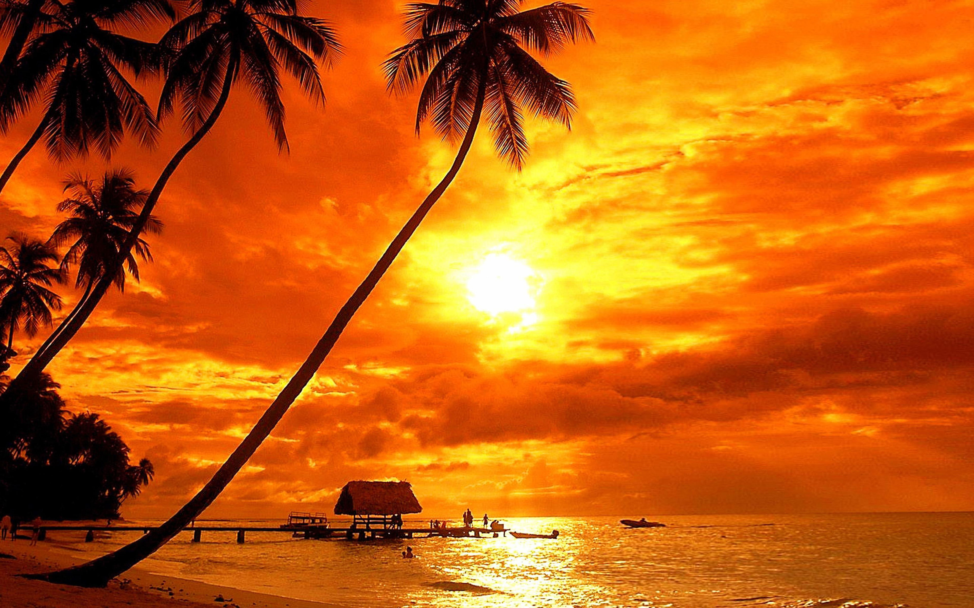 Bora Bora Tropical Sunset Beach Palm Trees Red Sky Clouds Ultra HD 4k Wallpaper For Desktop Laptop Tablet Mobile Phones And Tv 3840Ñ2400
