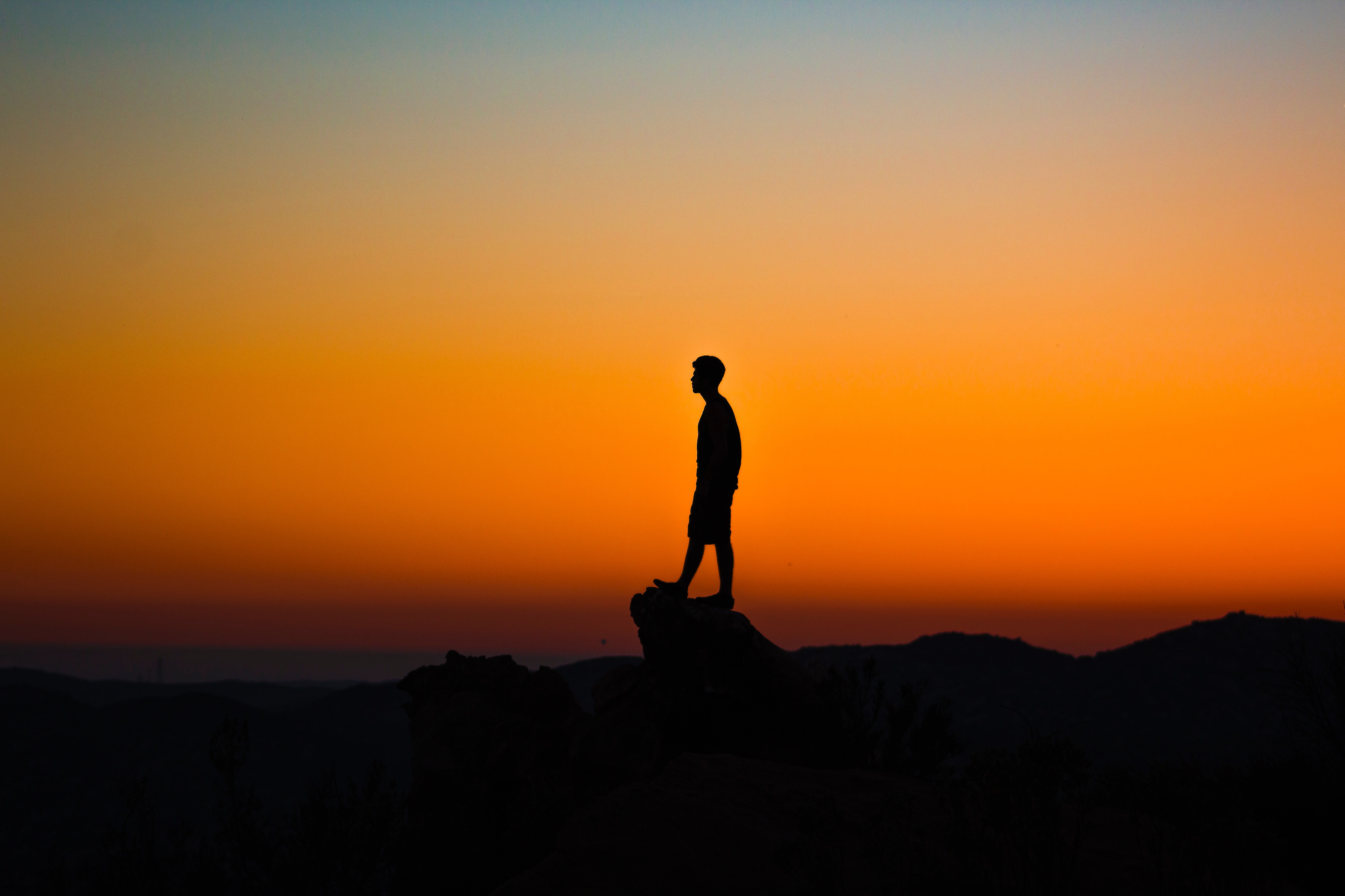 5184x3456 wallpaper, outdoors, man, silhouette, mountain, rock, black, alone, shadow, sunset, nature, orange, sunrise, sky, male, standing, solitude, Free Gallery HD Wallpaper