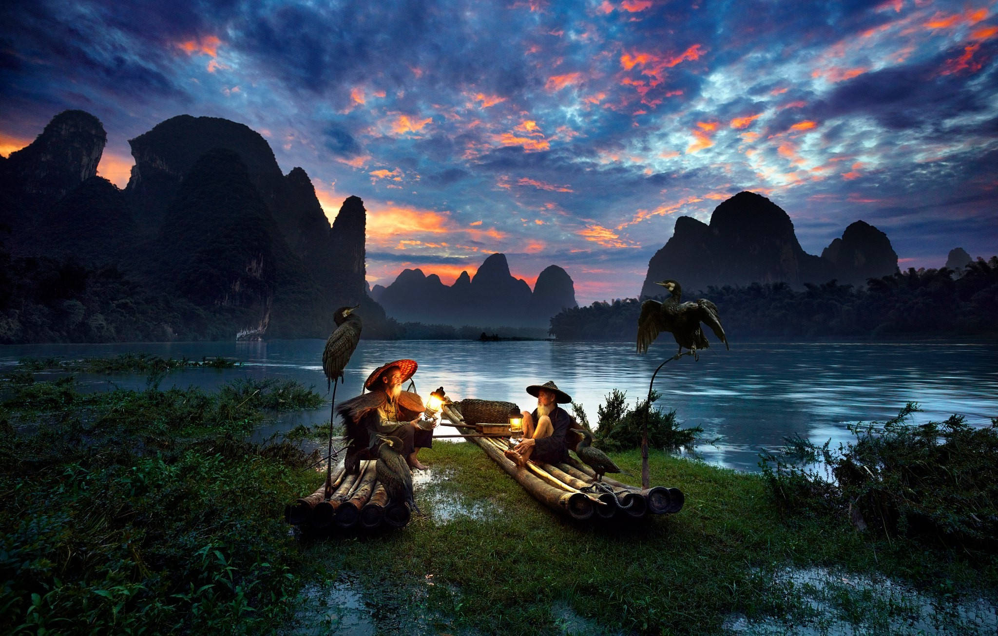 Download Two People On Boats With Birds In Nature Wallpaper