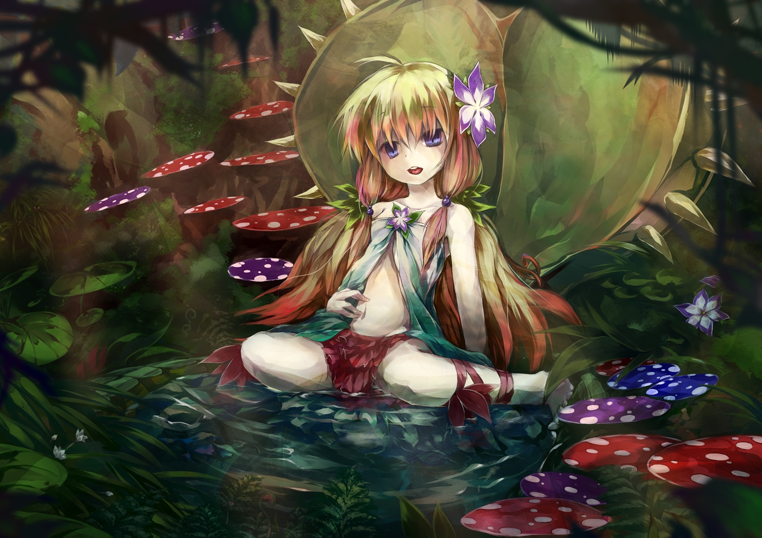 Barefoot Blonde Hair Flowers Forest Long Hair Murachiki Purple Eyes Traptrix Nepenthes Tree Water Wet Yu Gi Oh. Konachan.com.com Anime Wallpaper