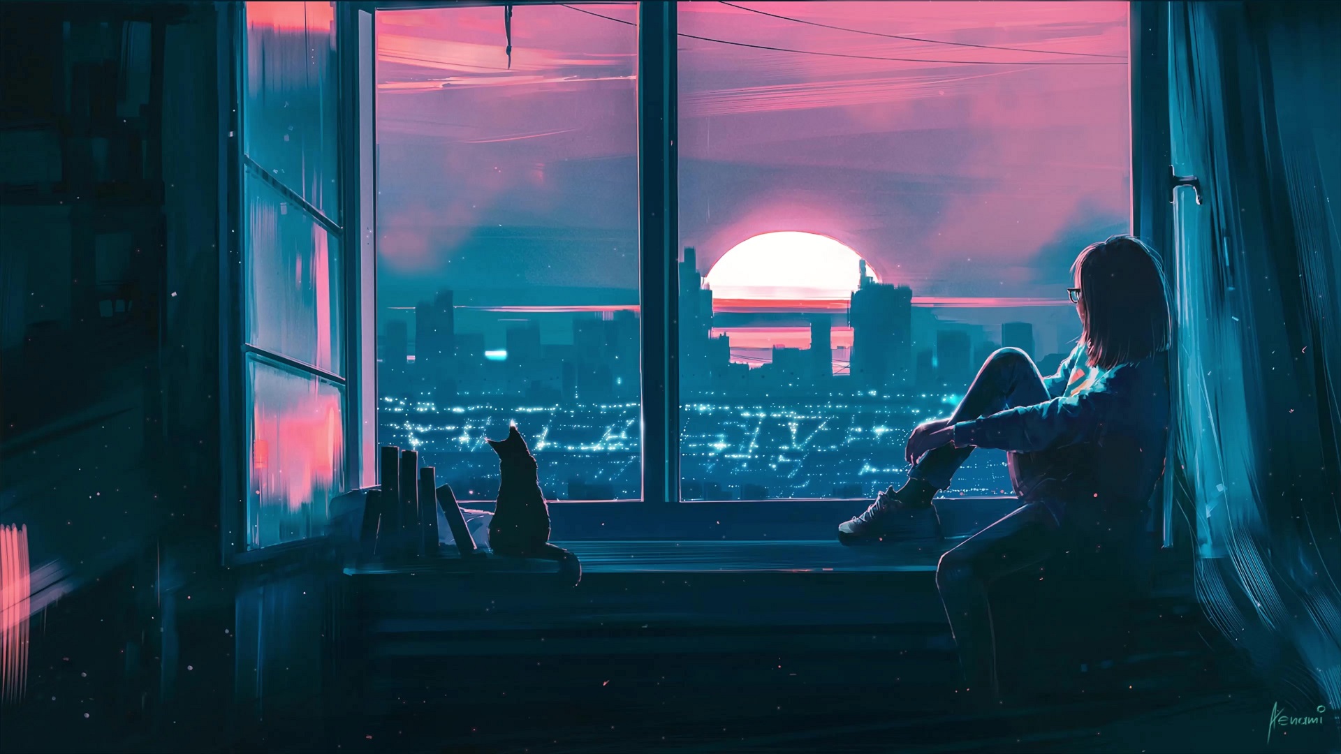 Girl Looking At The Sunrise Over The City By The Window Live Wallpaper