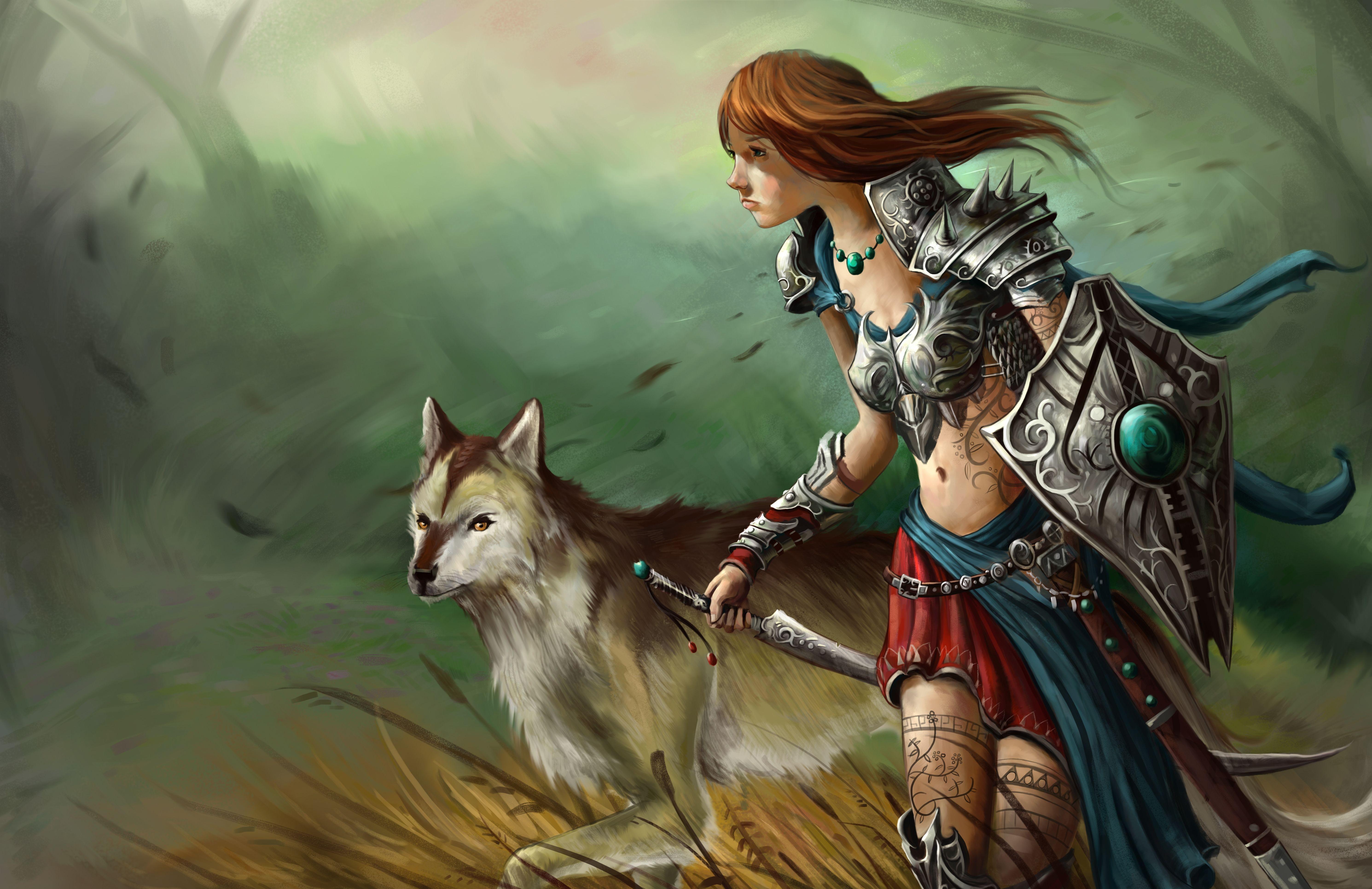 Wallpaper, girl, Amazon, warrior, field, wolf 5960x3860