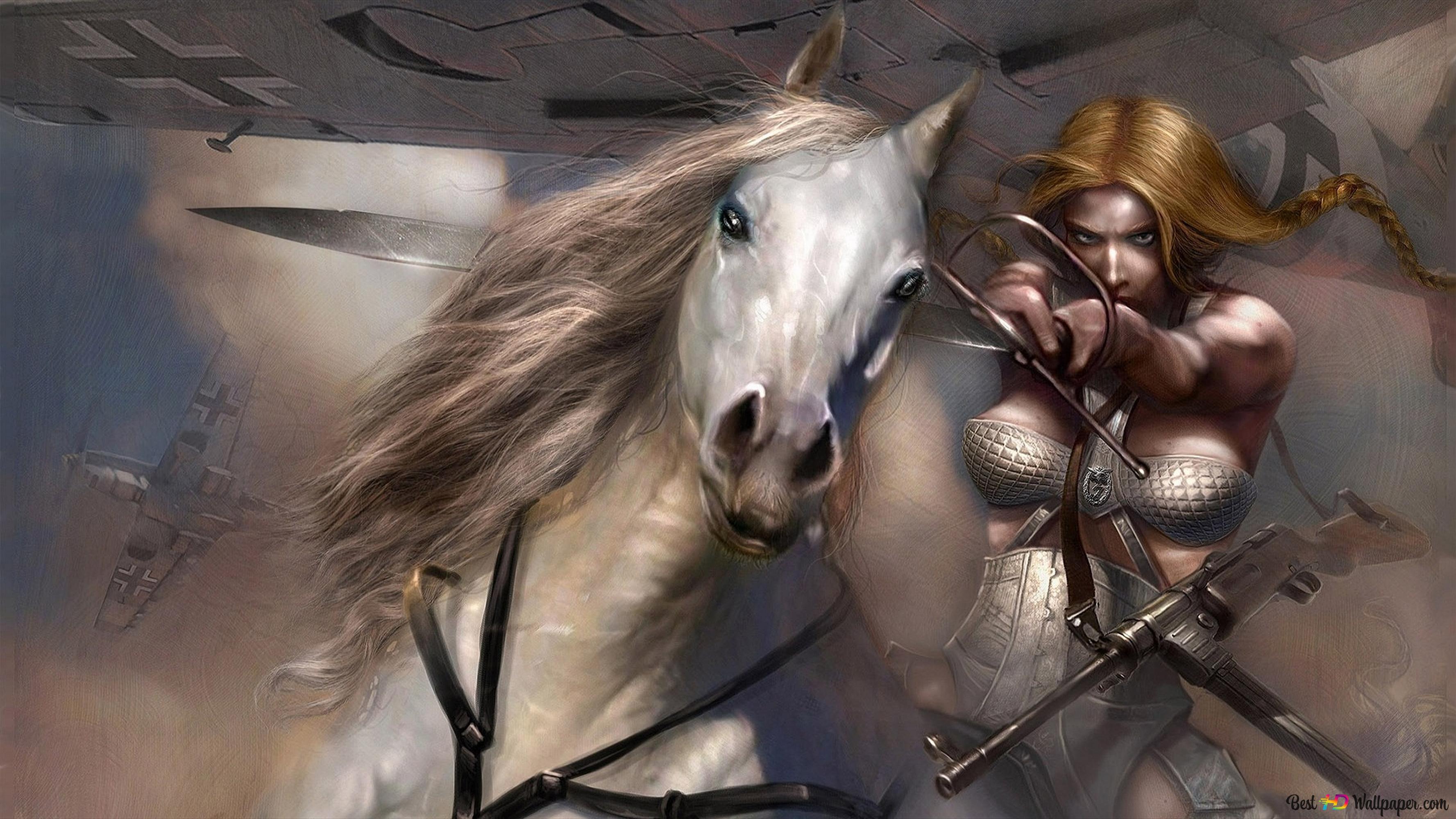 Woman warrior riding in a horse 4K wallpaper download
