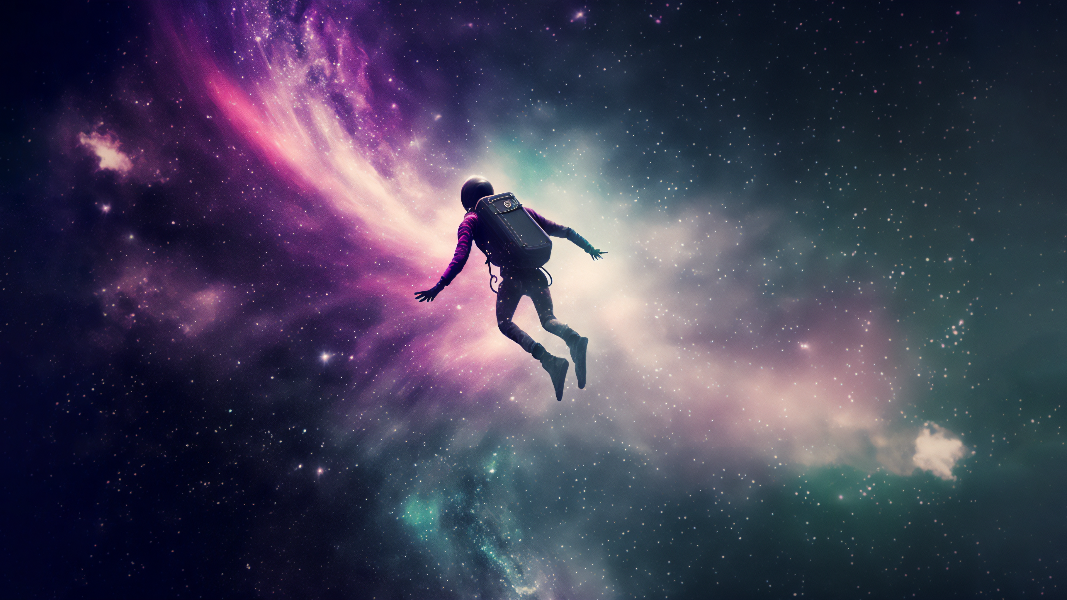 Wallpaper, ai art, illustration, space, universe, nebula, floating, astronaut, spacesuit 3640x2048