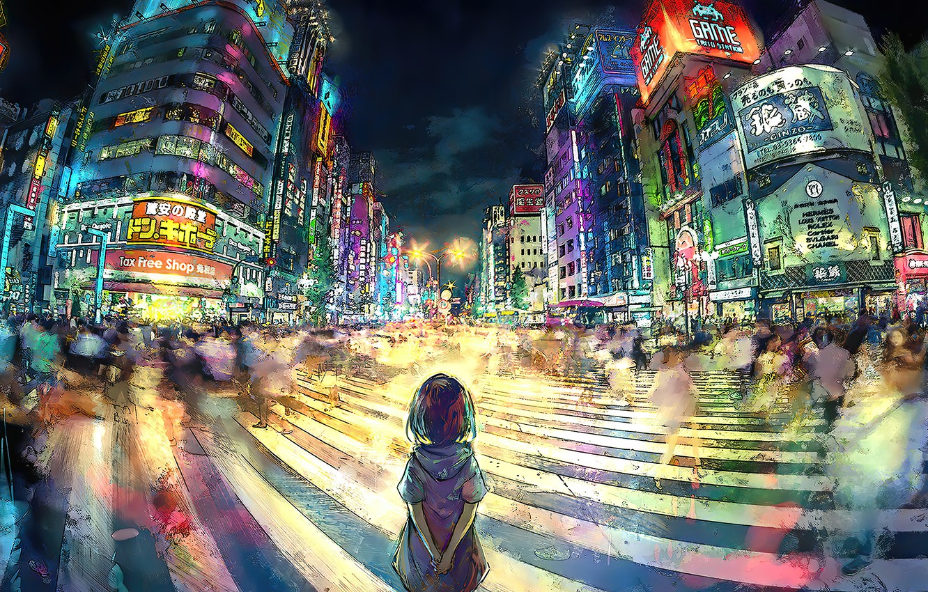 Wallpaper movement, people, home, Tokyo, crossroads, girl, characters, girl, night city, people, houses, traffic, tokyo, night city, crosswalk, crossroads image for desktop, section арт
