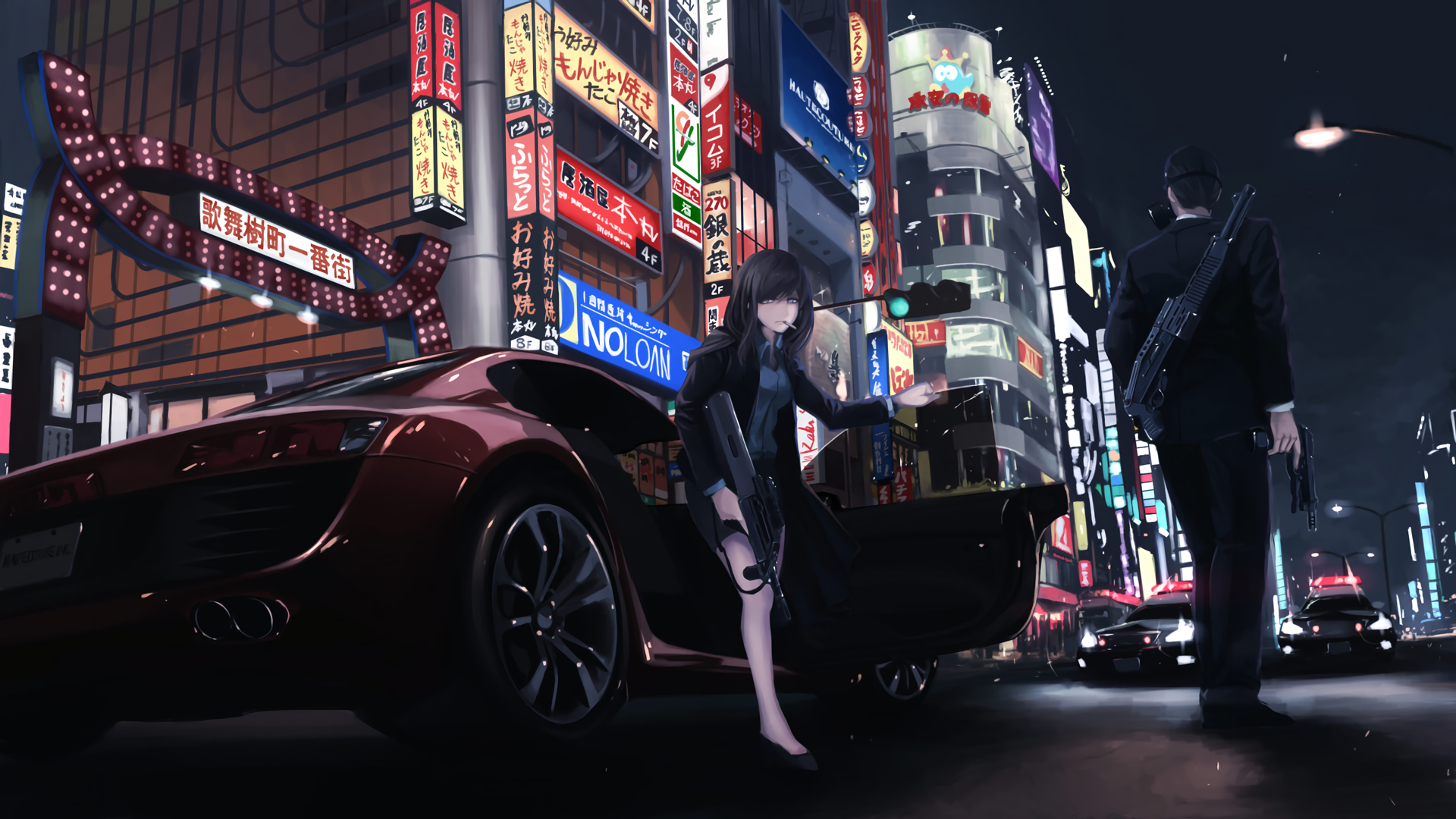 Wallpaper / Tokyo, car, vehicle, anime girls, city, anime, weapon free download