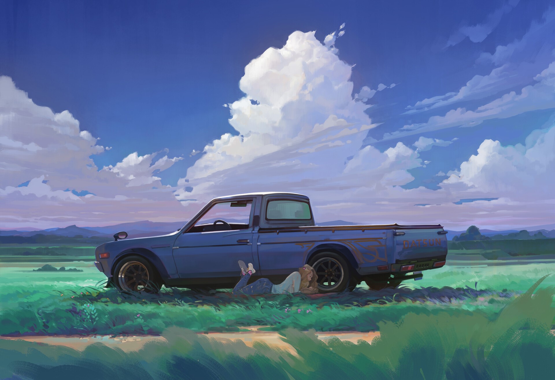 women, Datsun, JDM, Japanese cars, LoFi, clouds, pickup trucks, artwork, car Gallery HD Wallpaper