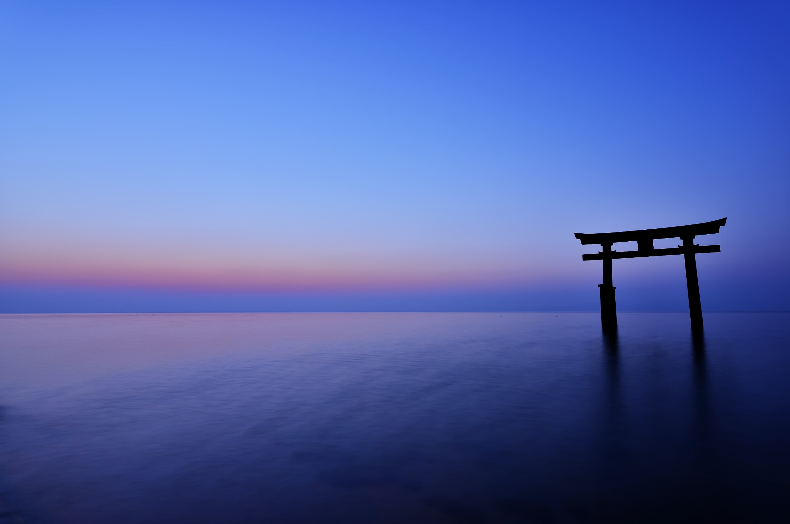 Wallpaper / sky, calm, japan, blue, gate, night, sea, ocean, arch, horizon, sunset, 2K free download