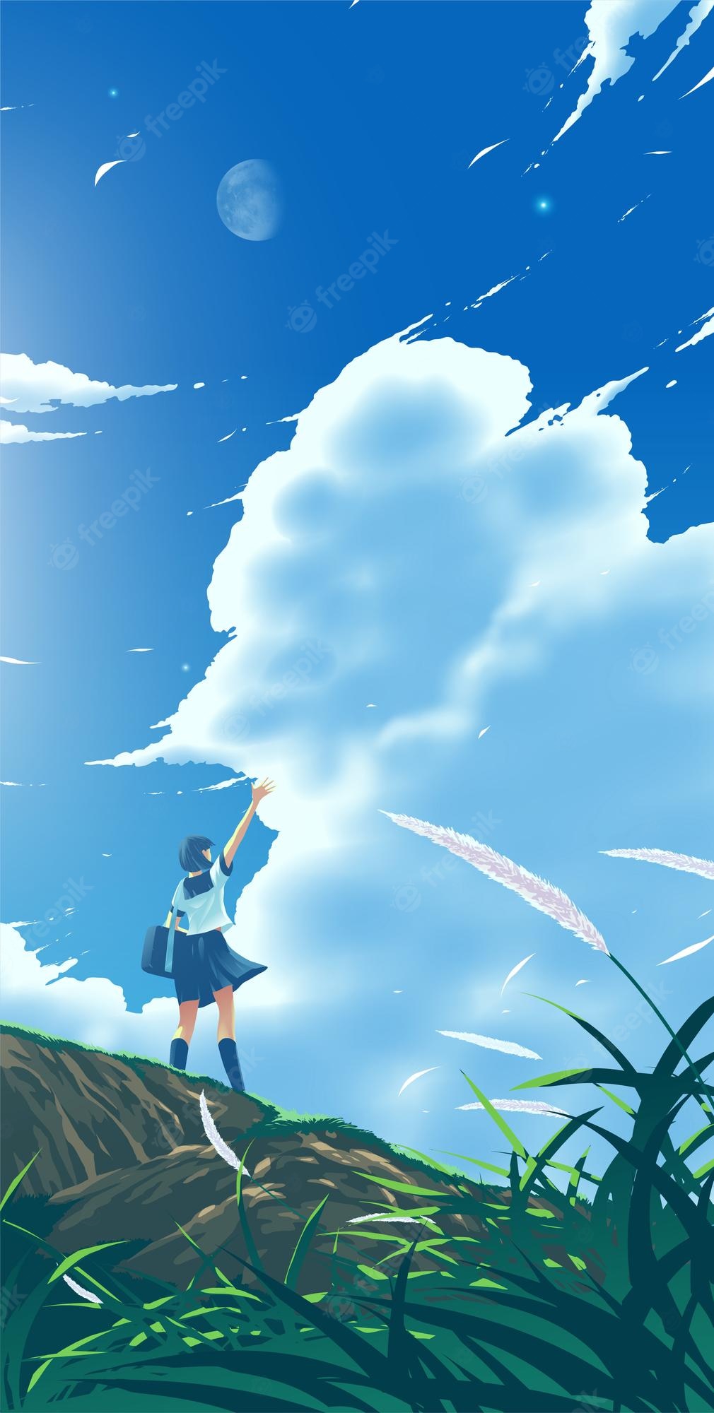 Premium Vector. A japanese high school girl waving on a hill under the bright blue sky with the moon
