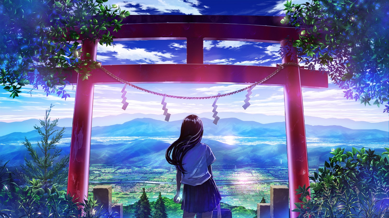 Wallpaper / shrine, landscape, high view, summer, plants, trees, mountains, sky, clouds, anime free download